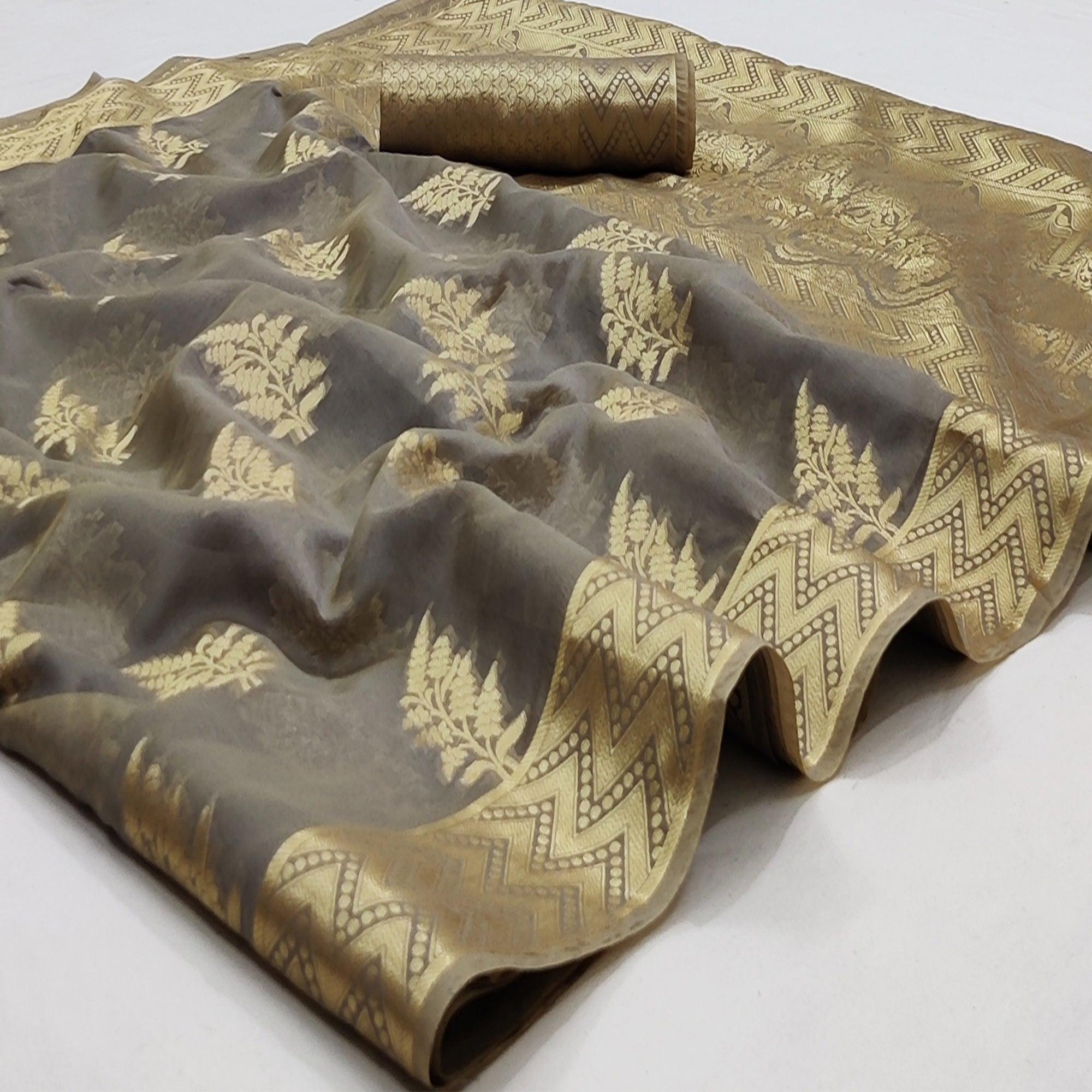 Grey Festive Wear Woven Soft Organza Saree - Peachmode