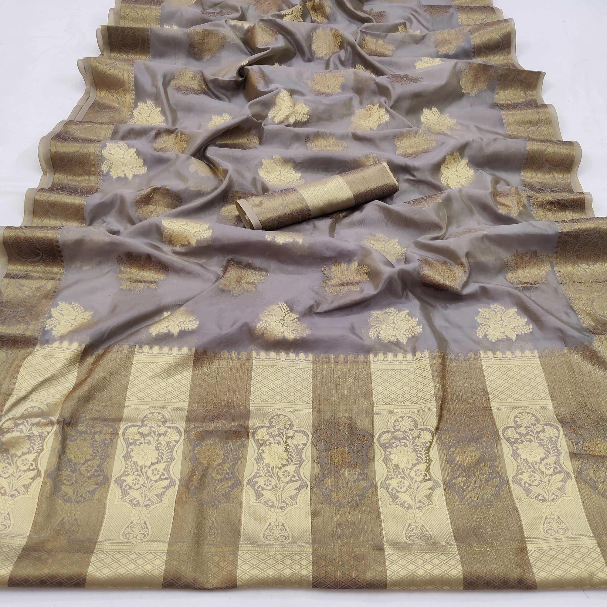 Grey Festive Wear Woven Soft Organza Saree - Peachmode