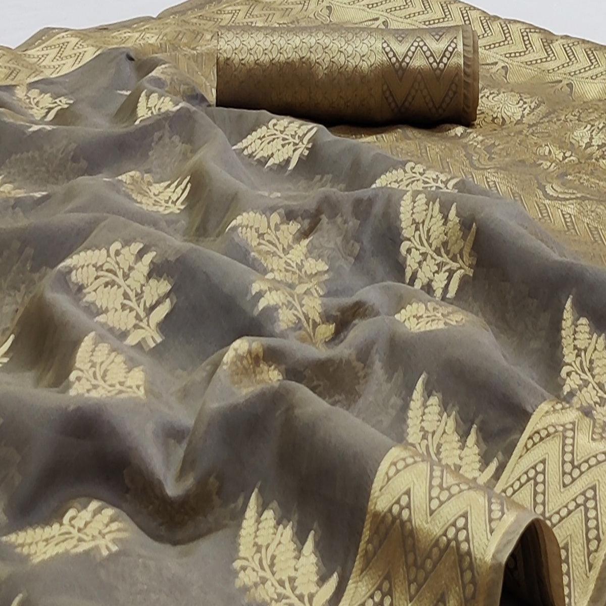 Grey Festive Wear Woven Soft Organza Saree - Peachmode
