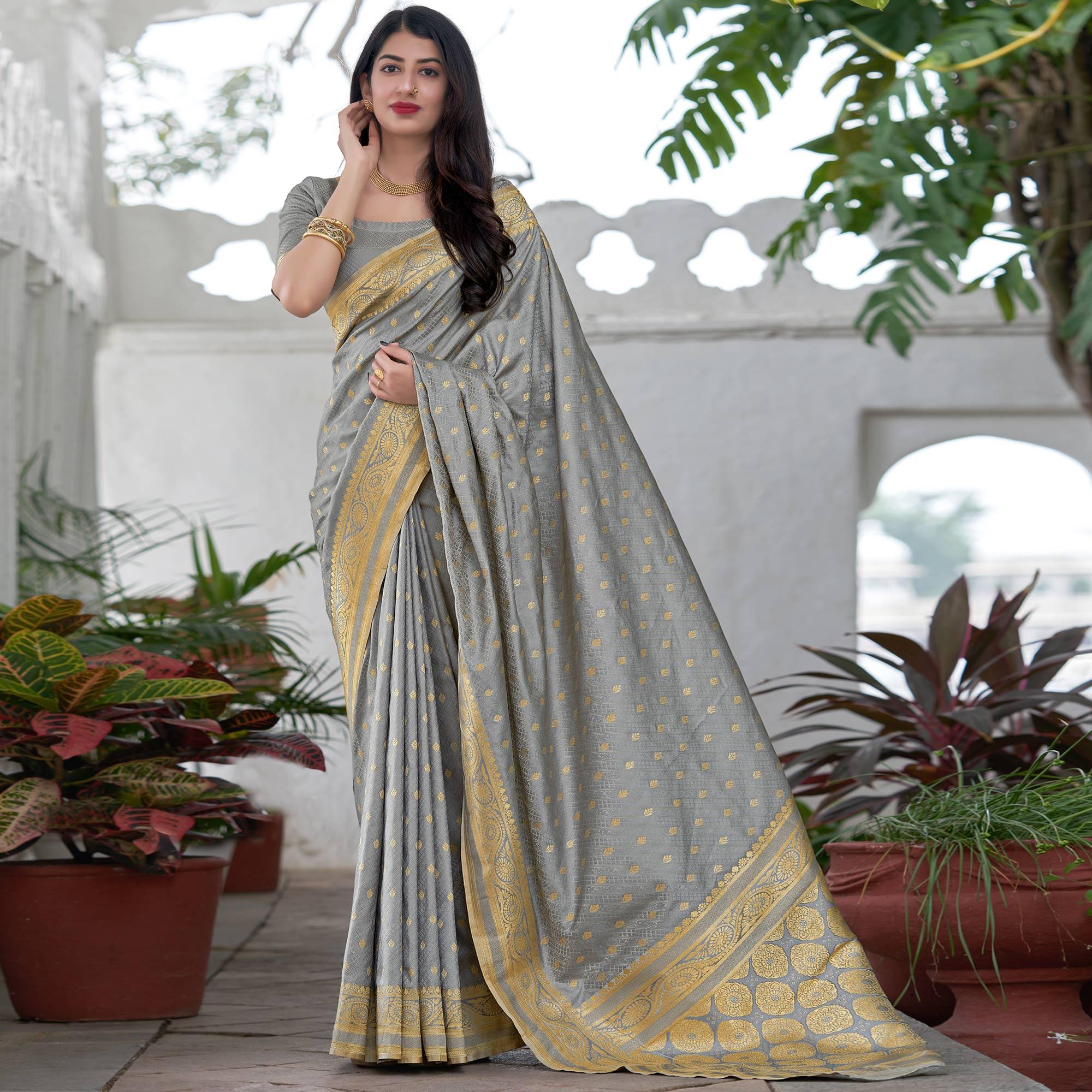 Grey Festive Wear Woven Soft Satin Silk Saree - Peachmode