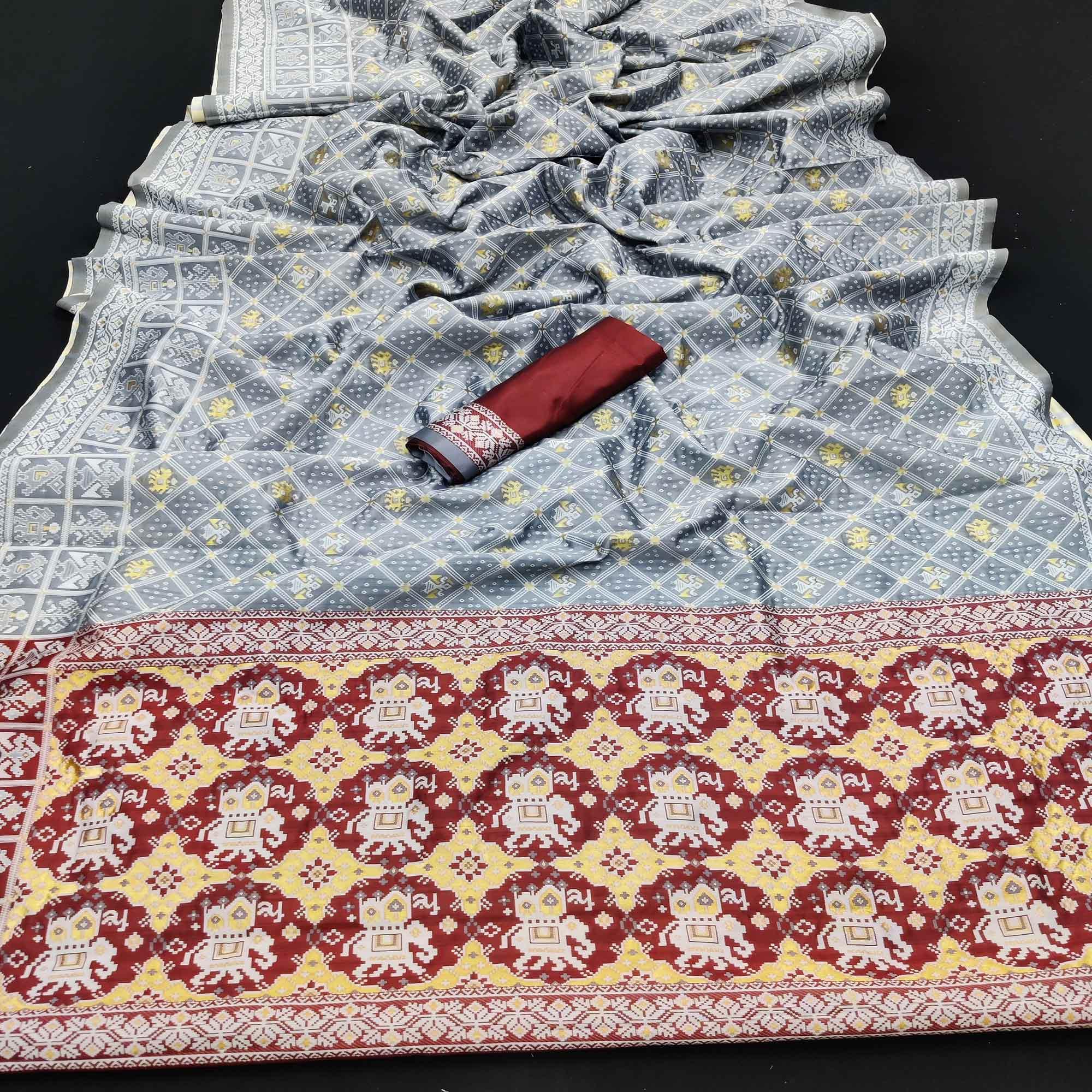 Grey Festive Wear Woven Soft Silk Patola Saree - Peachmode