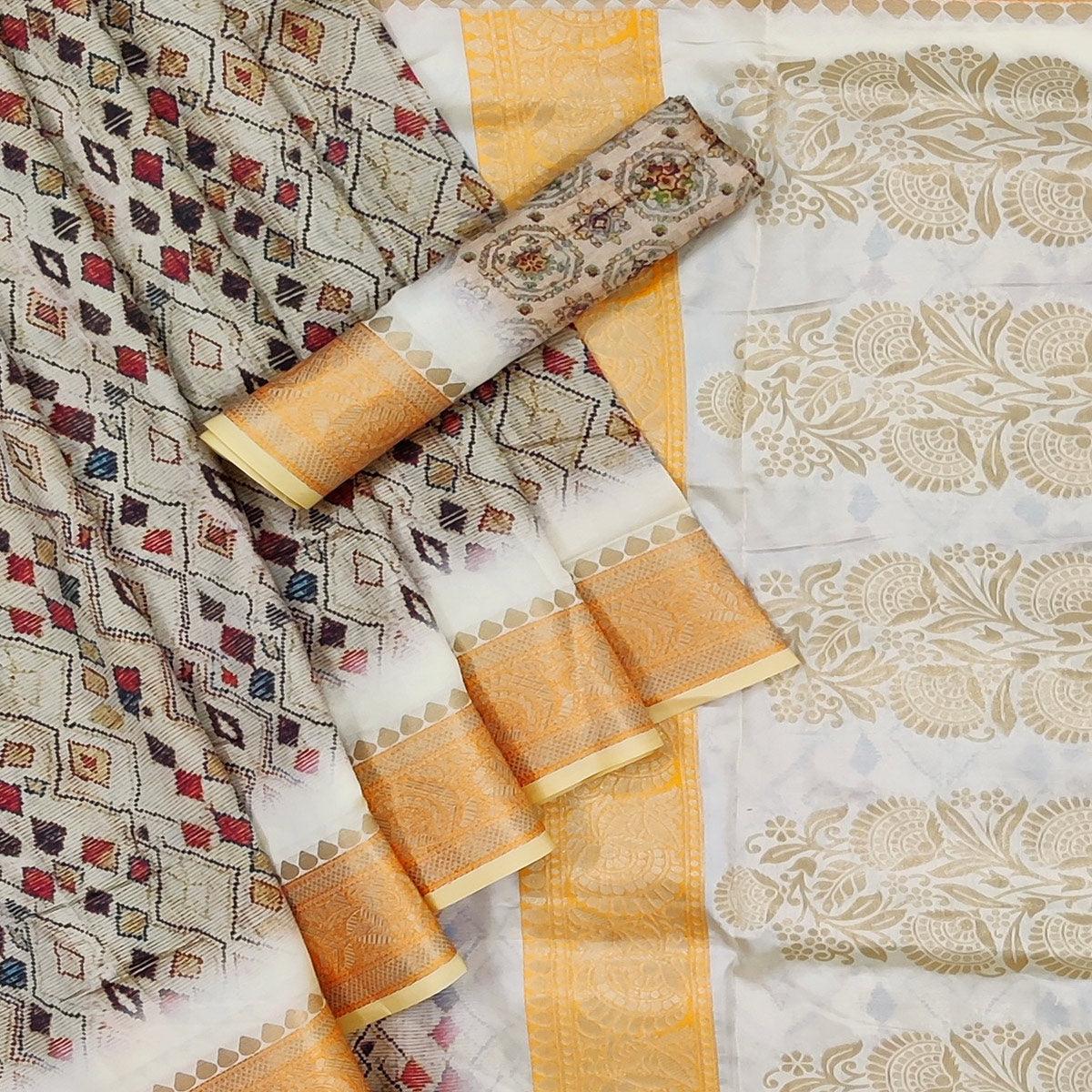 Grey Festive Wear Woven With Digital Printed Silk Saree - Peachmode