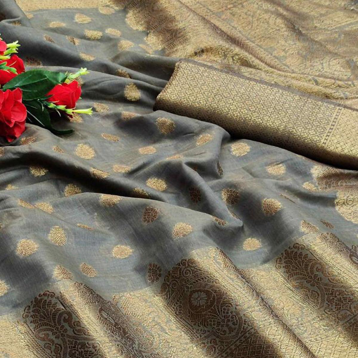 Grey Festive Wear Woven With Meena Butta Rich Pallu Cotton Saree - Peachmode