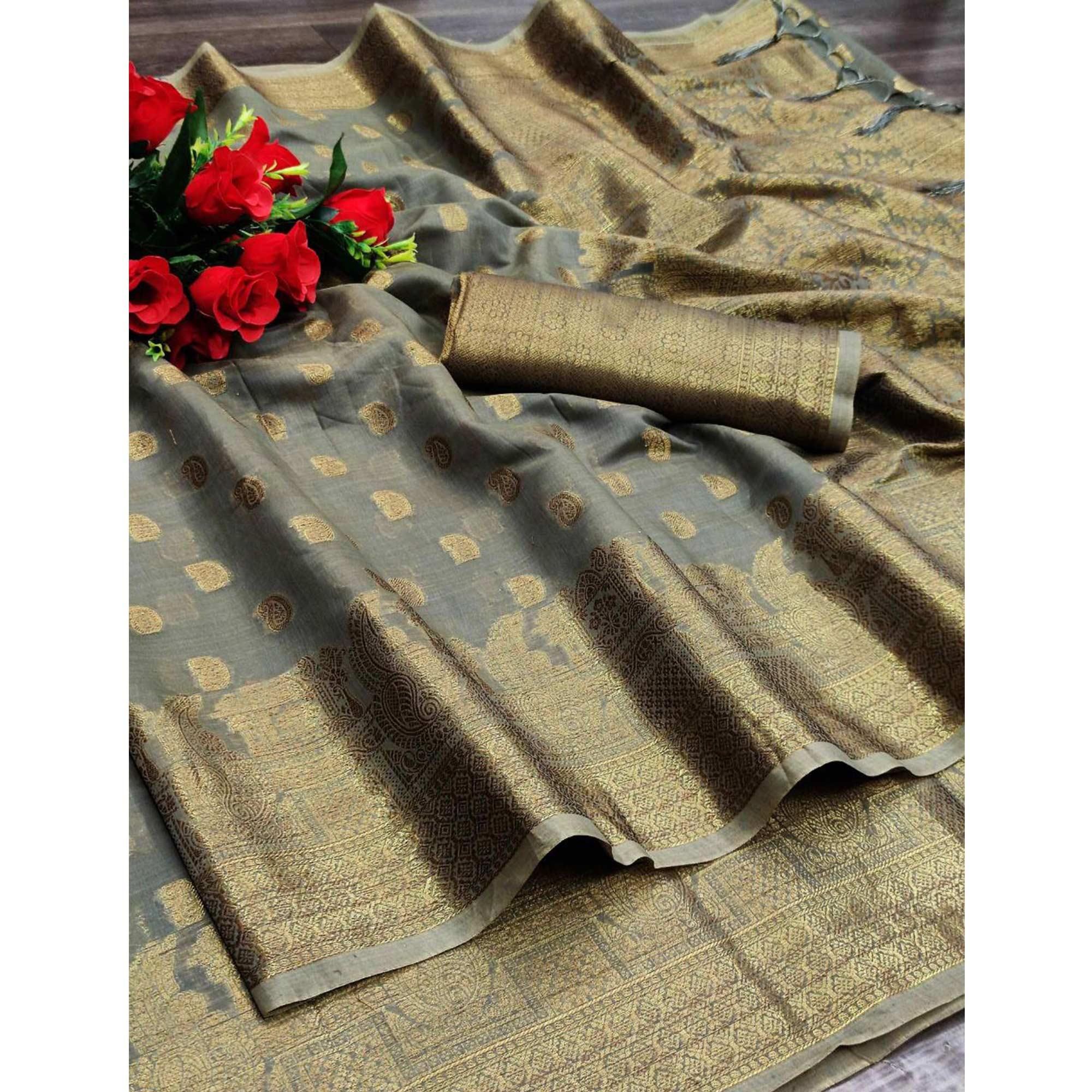 Grey Festive Wear Woven With Meena Butta Rich Pallu Cotton Saree - Peachmode