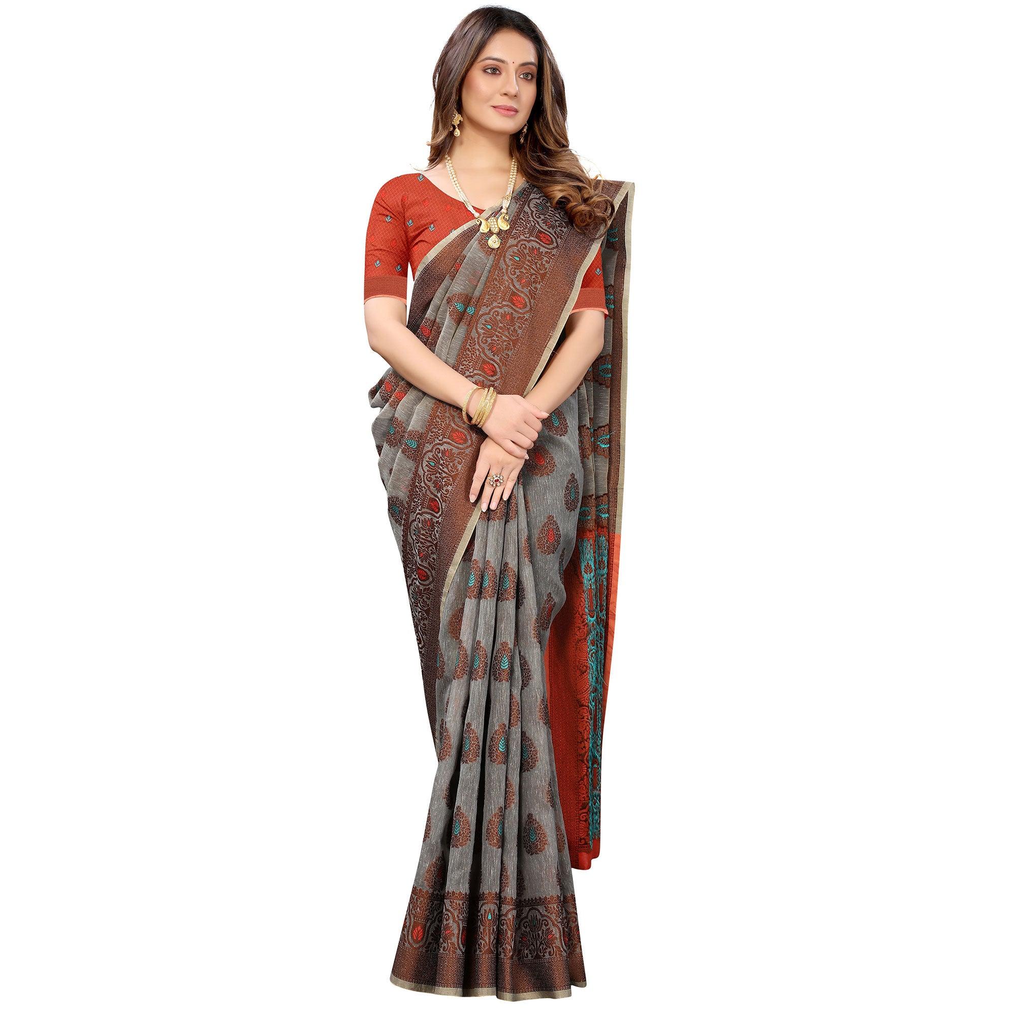 Grey Festive Wear Woven With Meena Butta Rich Pallu Cotton Saree - Peachmode