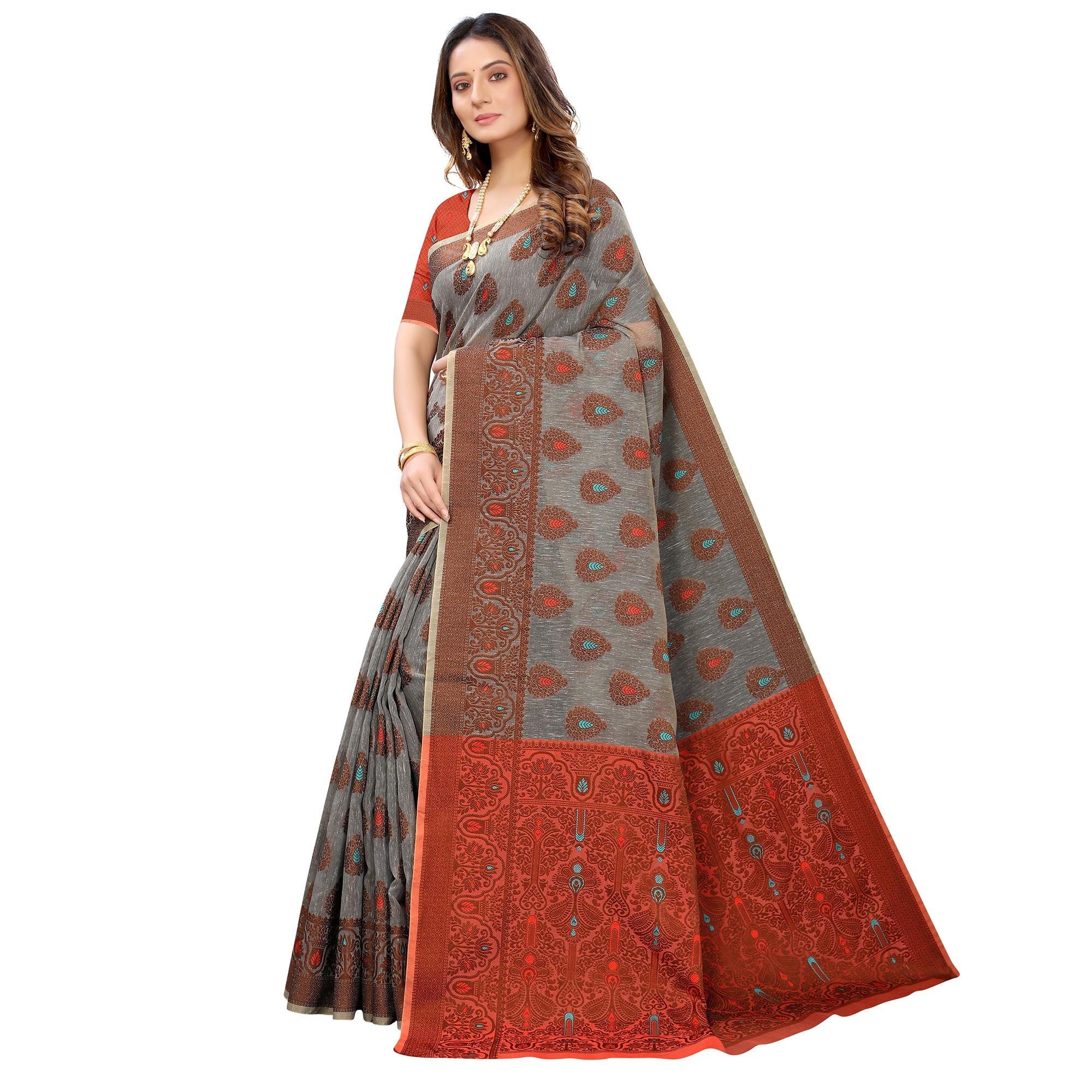 Grey Festive Wear Woven With Meena Butta Rich Pallu Cotton Saree - Peachmode