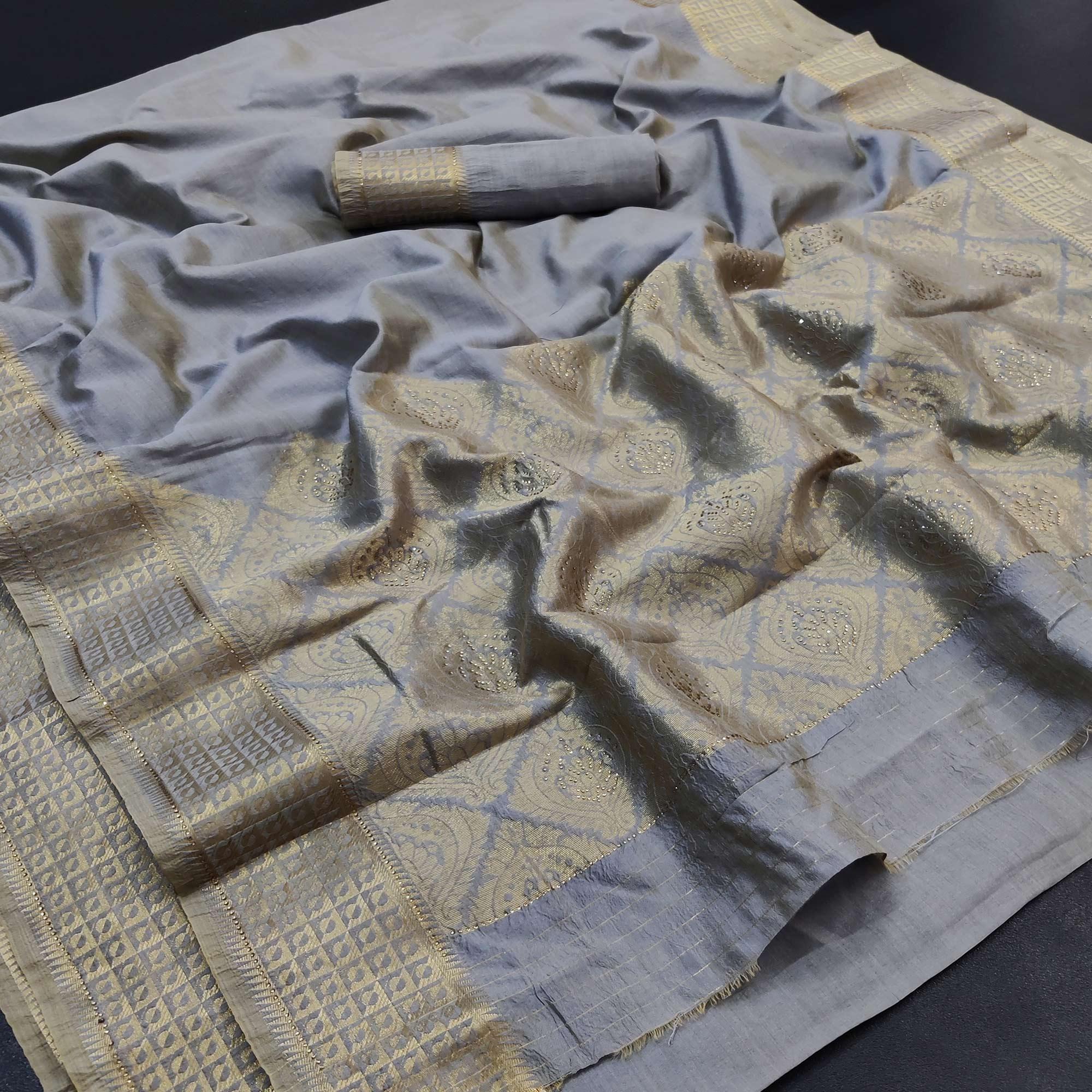Grey Festive Wear Woven With Stone Work Silk Saree - Peachmode