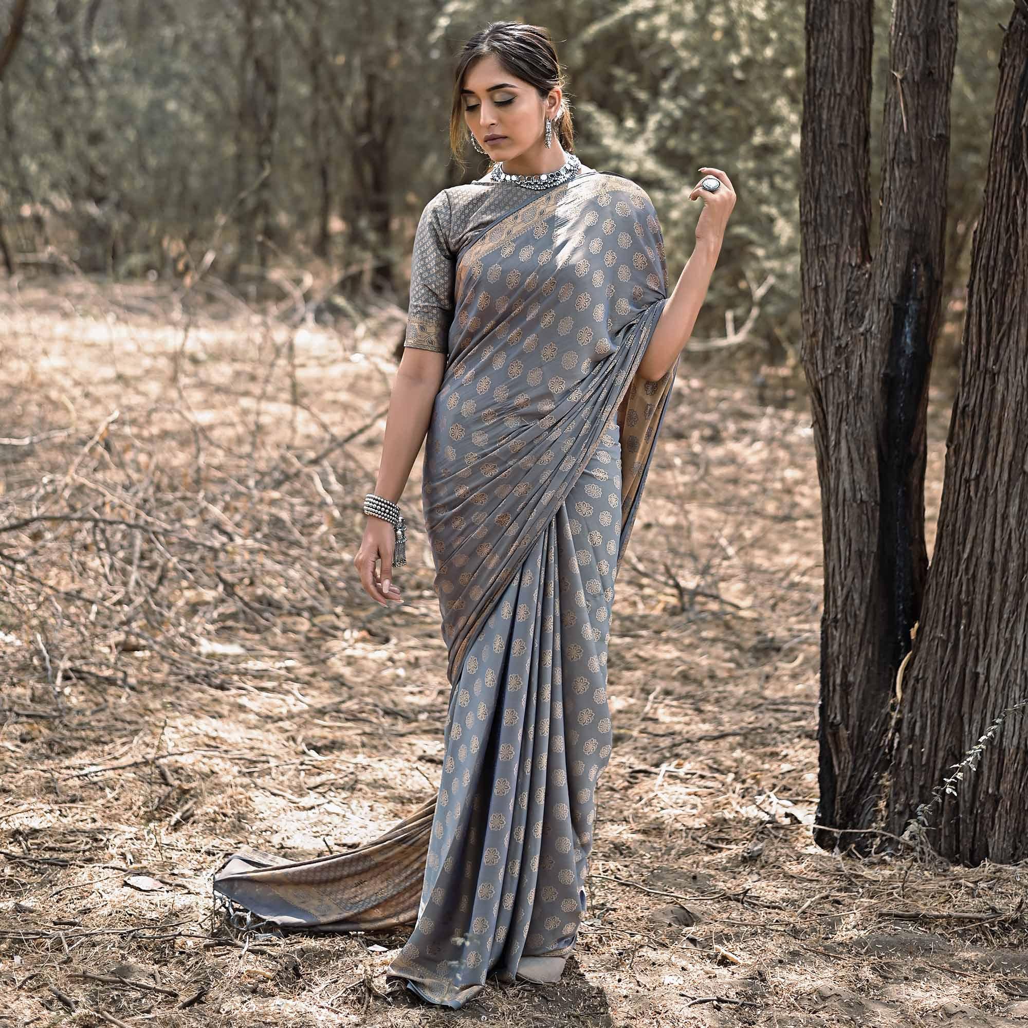 Grey Festive Wear Woven With Swarovski Art Silk Saree - Peachmode