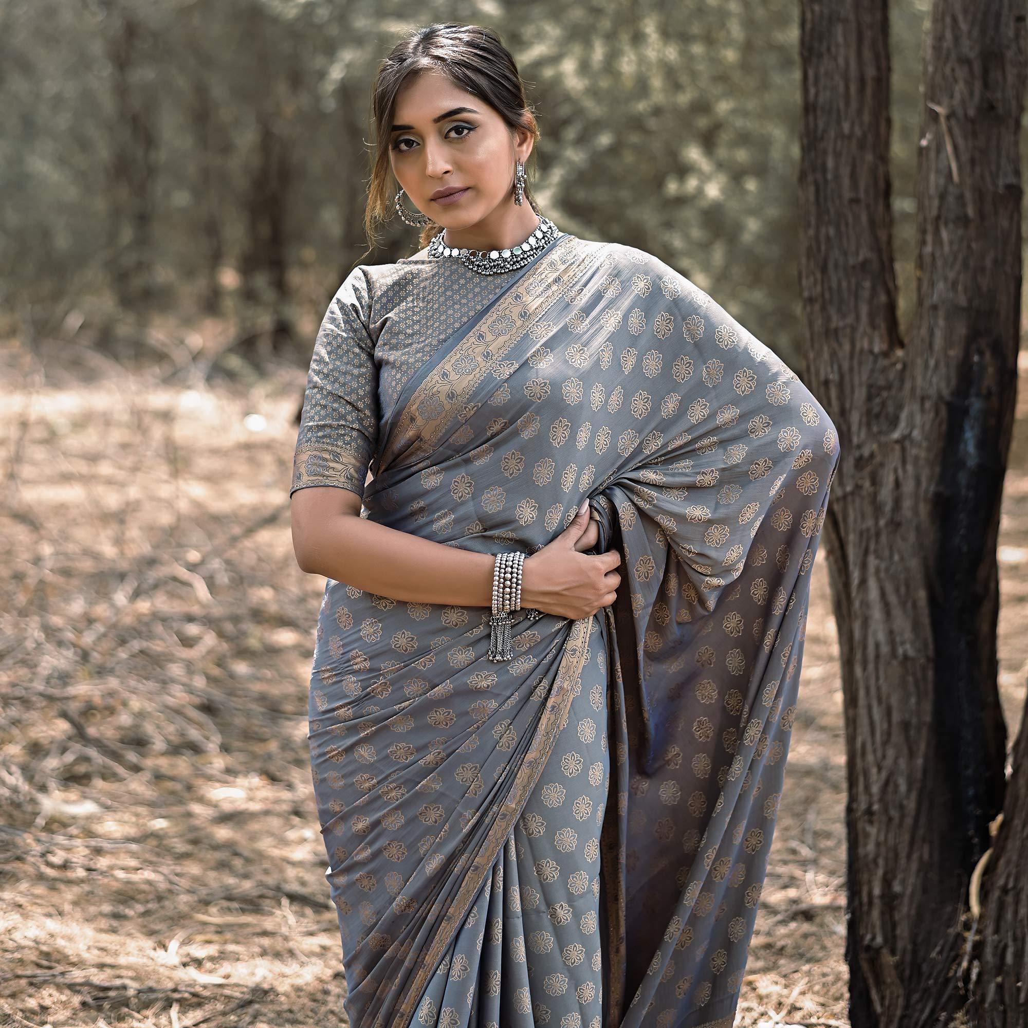 Grey Festive Wear Woven With Swarovski Art Silk Saree - Peachmode