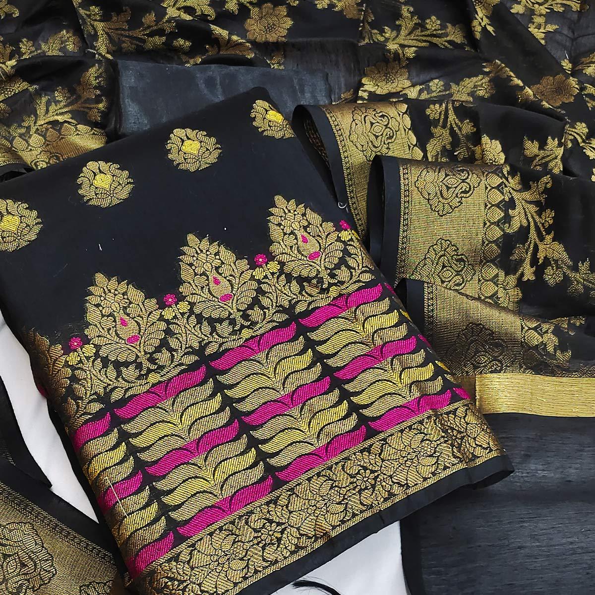 Grey Festive Wear Woven Work with Tassels Banarasi Jacquard Dress Material - Peachmode