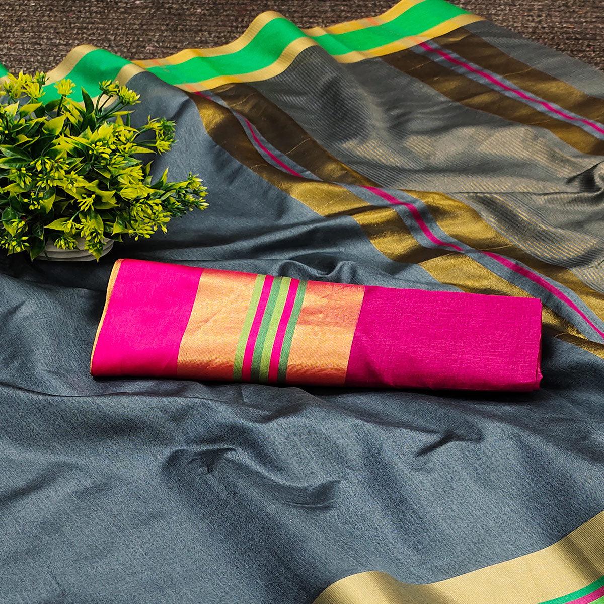 Grey Festive Wear Zari Border Cotton Blend Saree - Peachmode