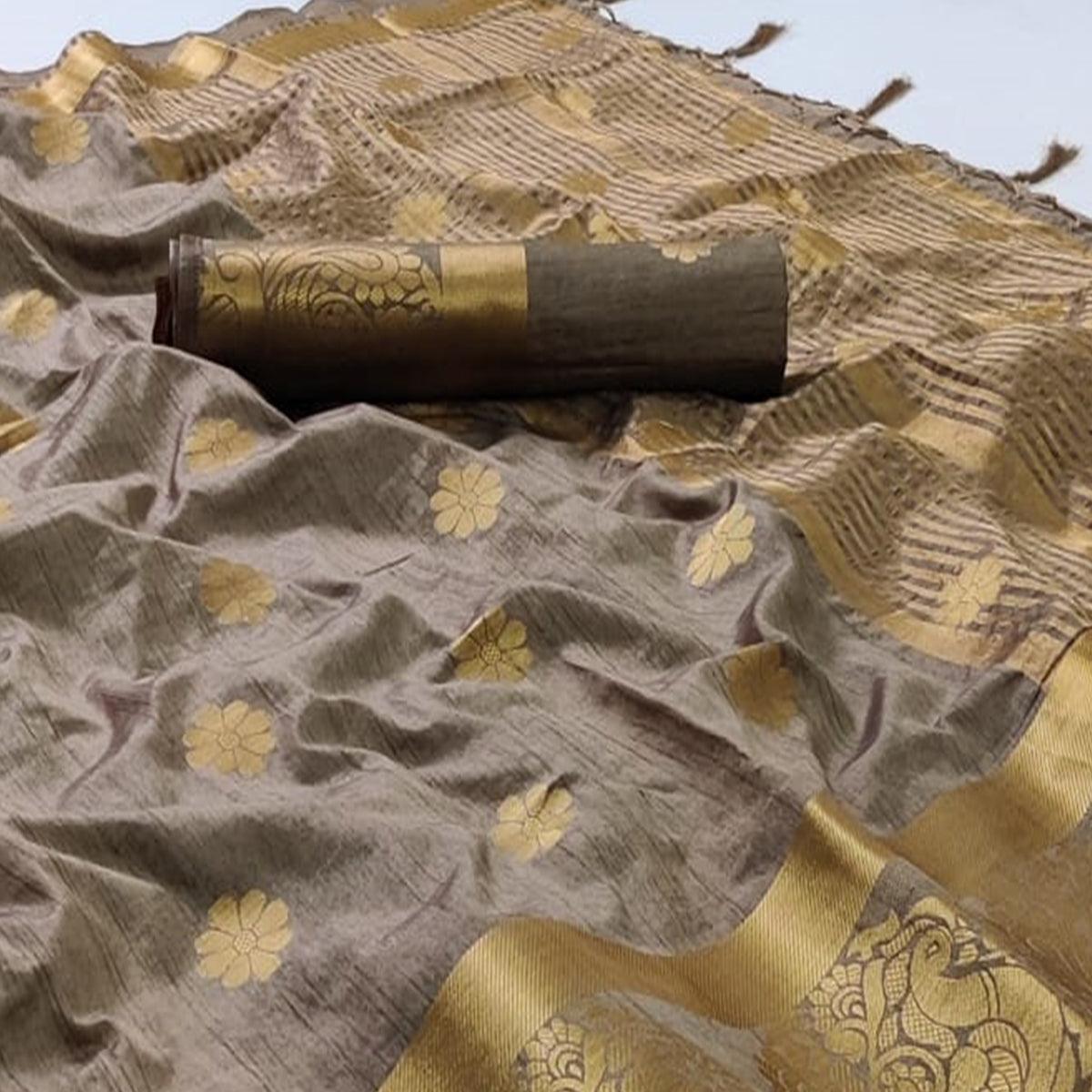 Grey Festive Wear Zari Butta Woven Art Raw Silk Saree - Peachmode