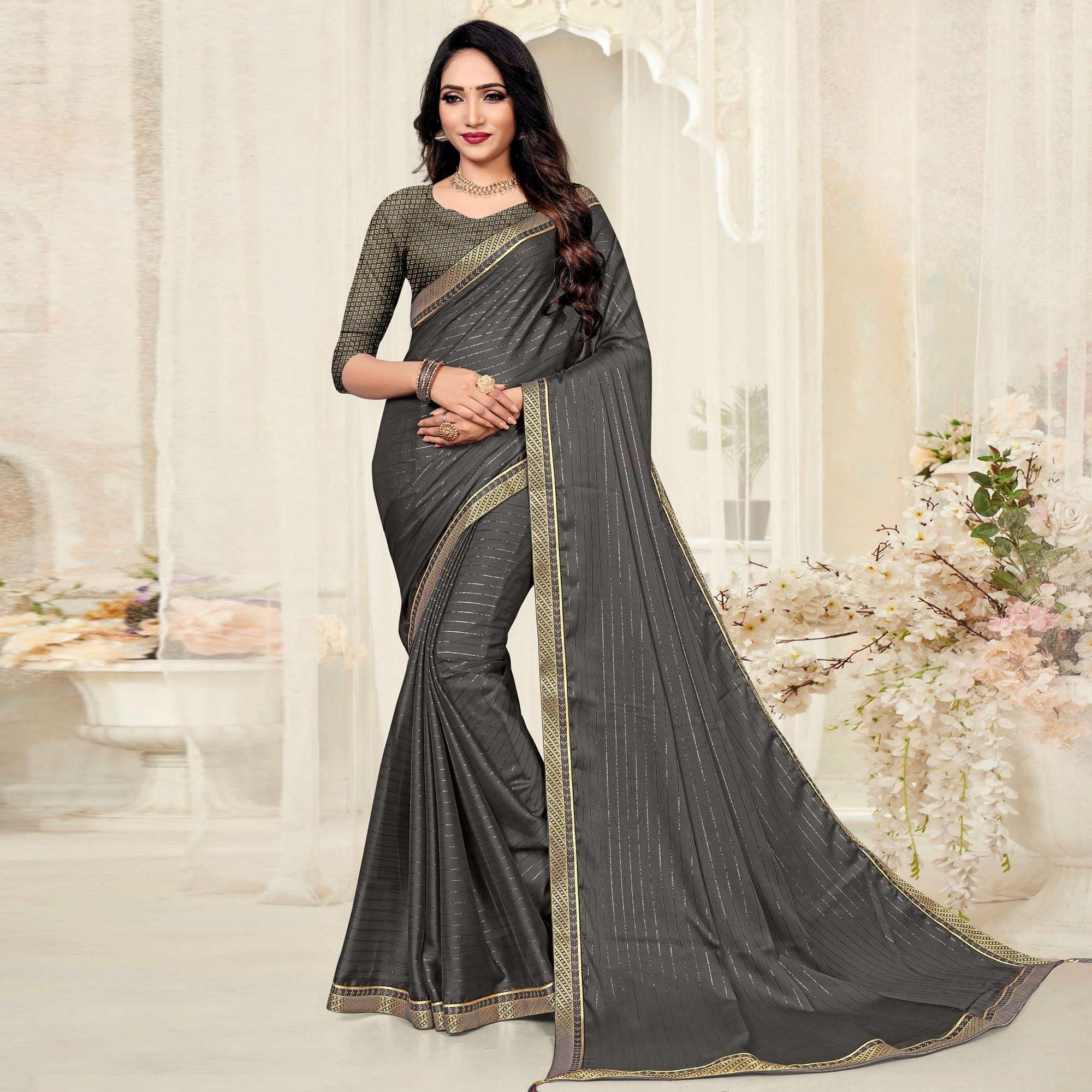 Grey Festive Wear Zari Chiffon Saree - Peachmode