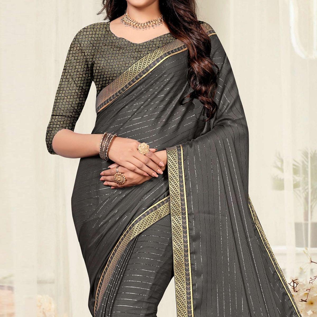 Grey Festive Wear Zari Chiffon Saree - Peachmode