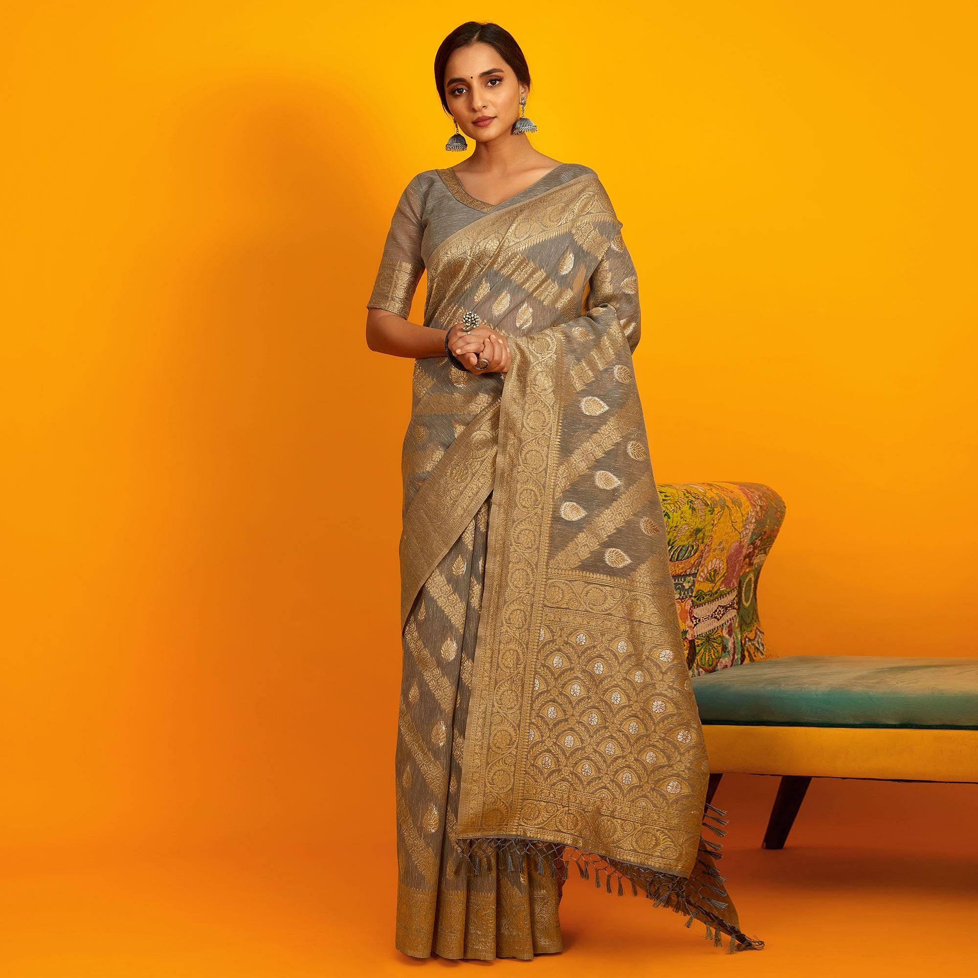 Grey Festive Wear Zari Work Cotton Saree - Peachmode