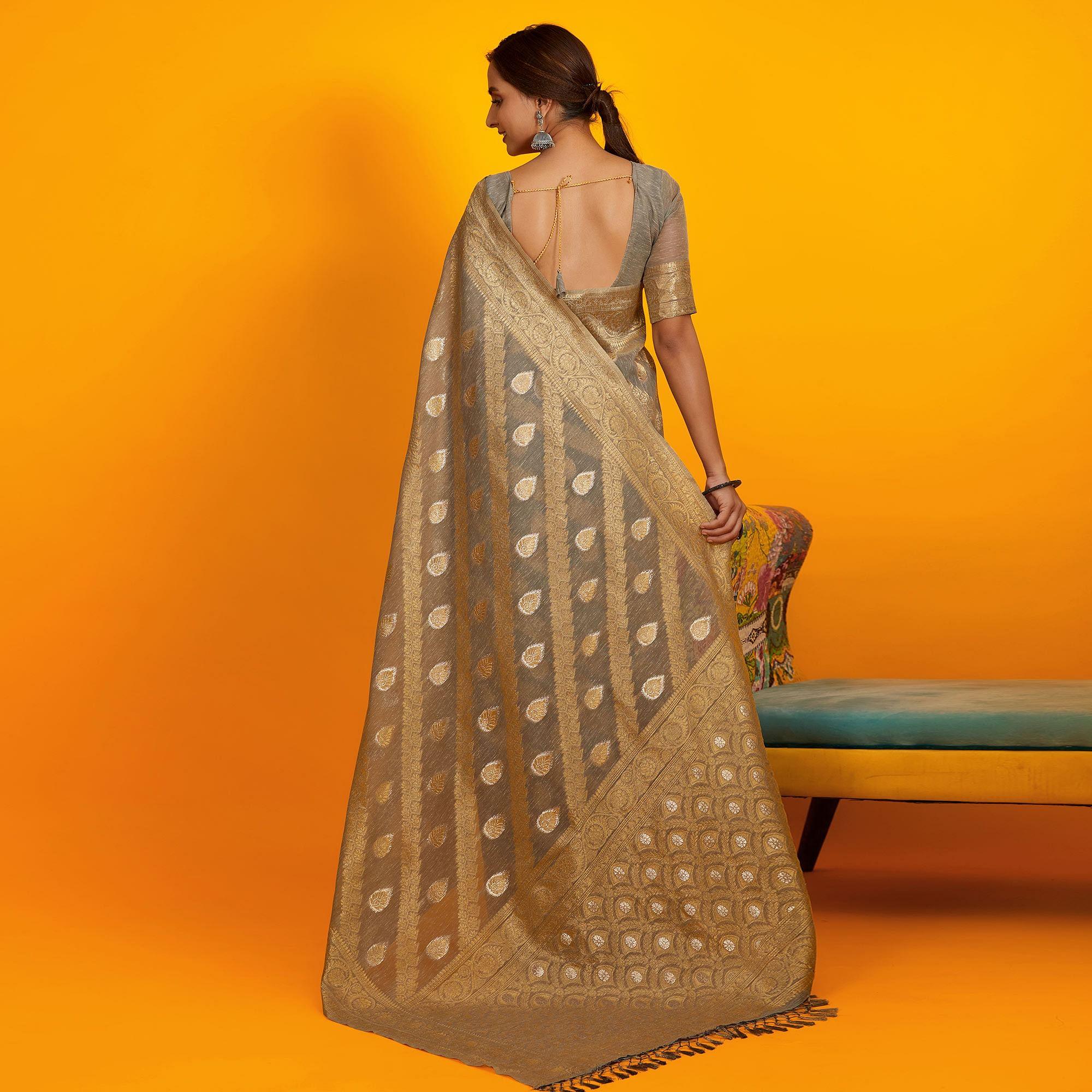 Grey Festive Wear Zari Work Cotton Saree - Peachmode