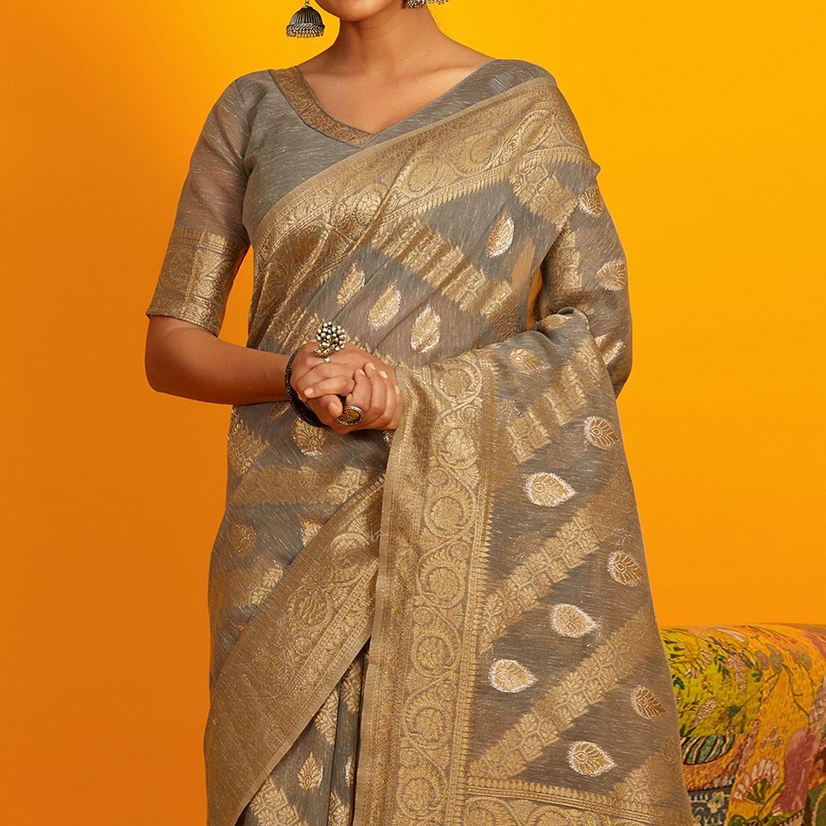 Grey Festive Wear Zari Work Cotton Saree - Peachmode