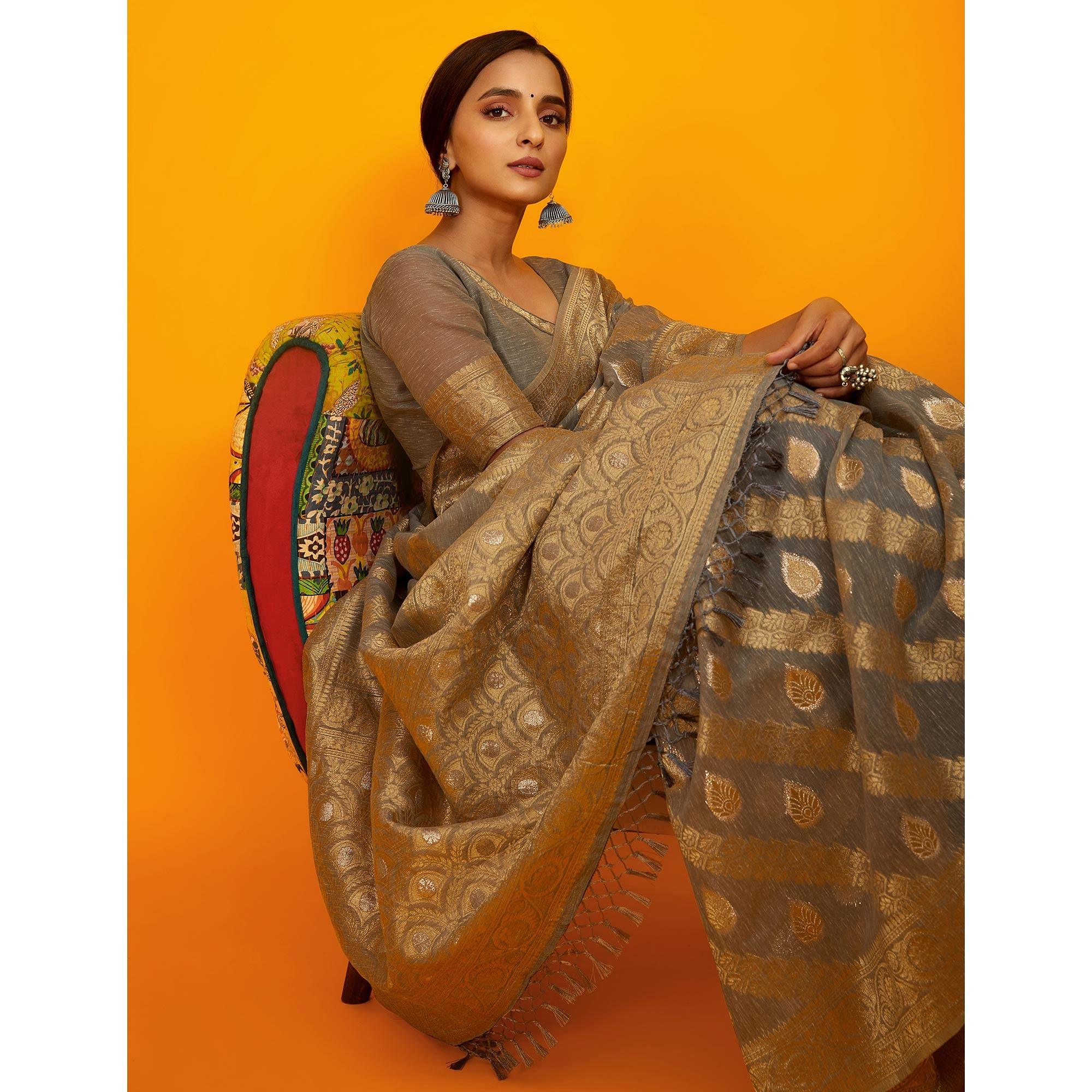 Grey Festive Wear Zari Work Cotton Saree - Peachmode