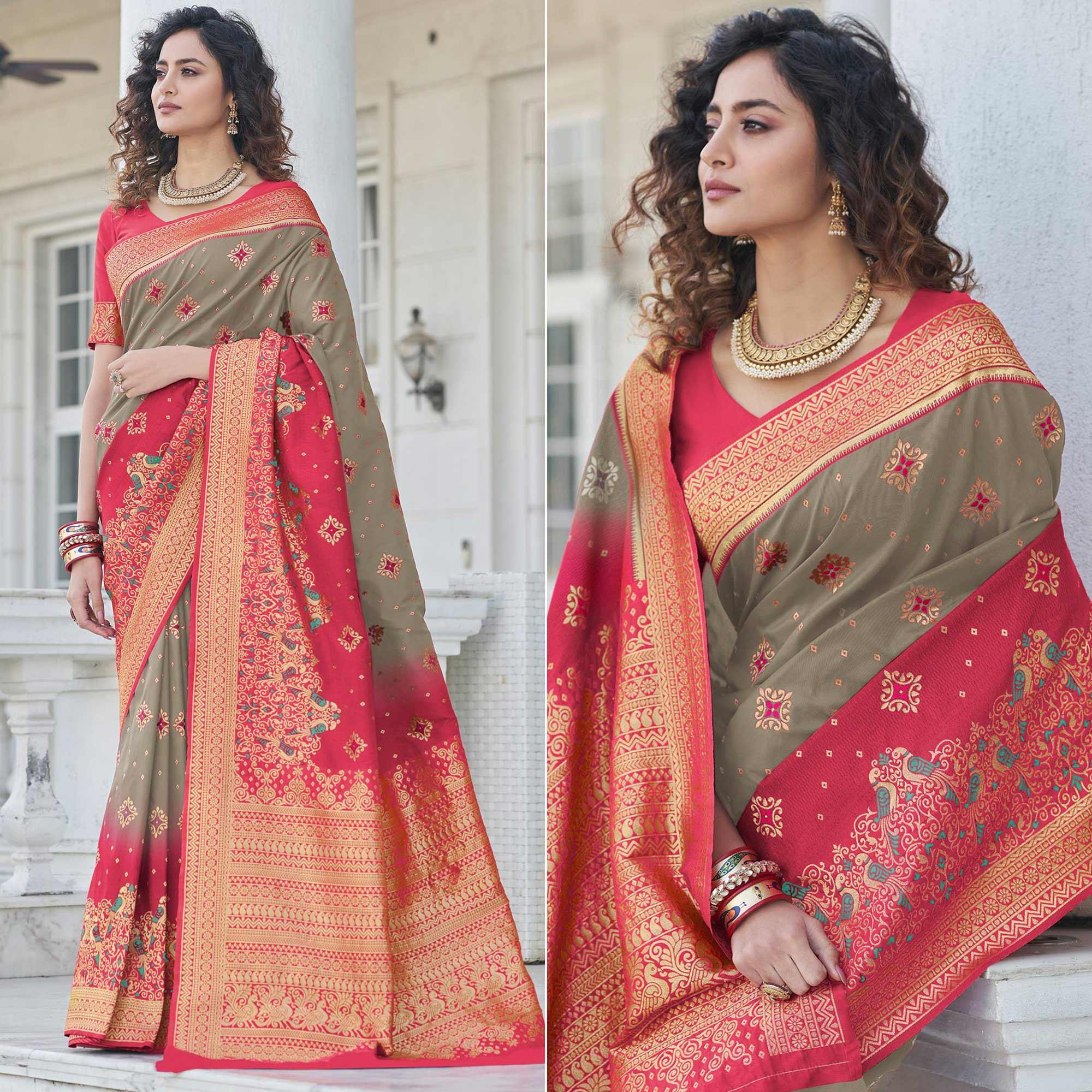 Grey Festive Wear Zari Woven Banarasi Silk Saree - Peachmode