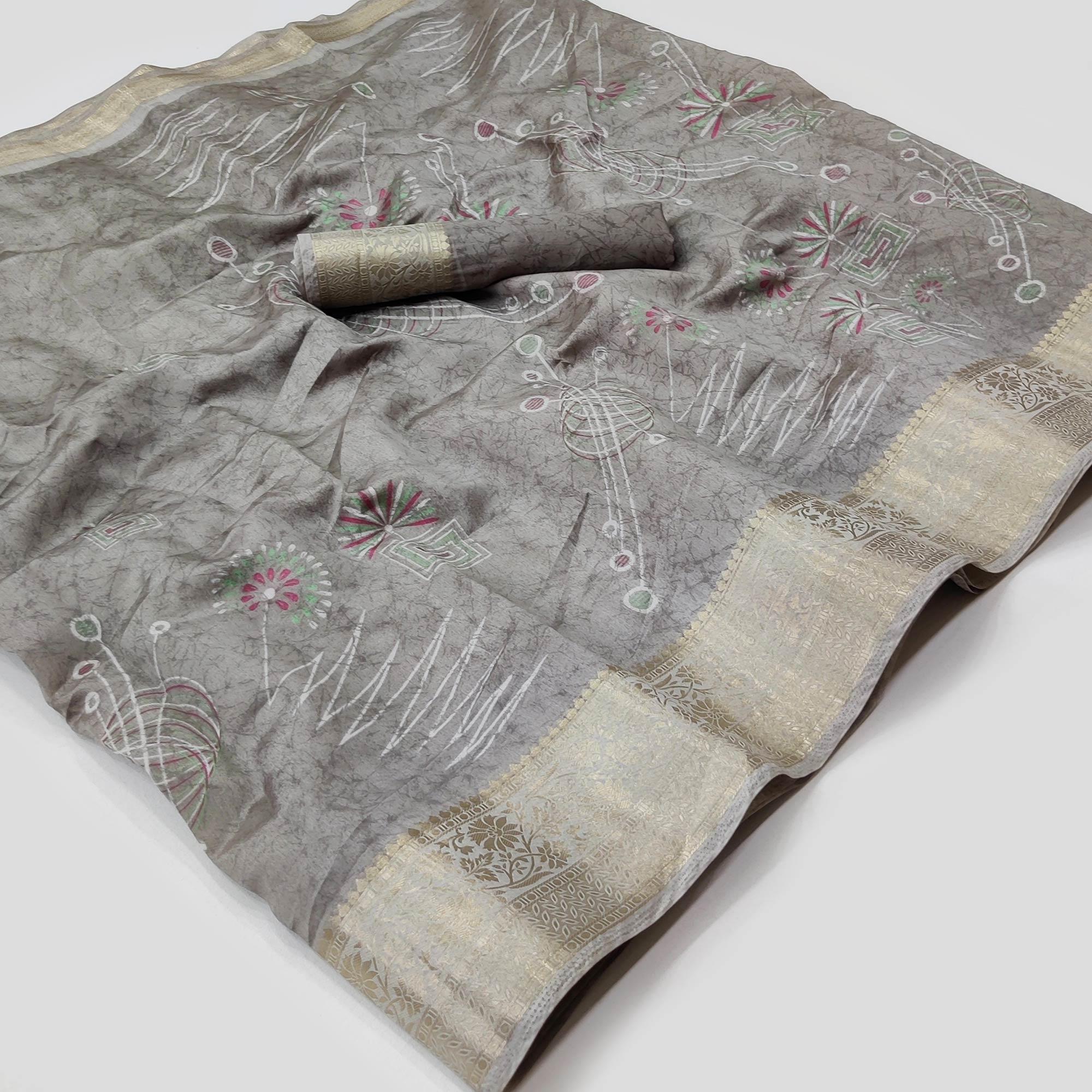 Grey Floral And Geometric Printed Dola Silk Saree - Peachmode