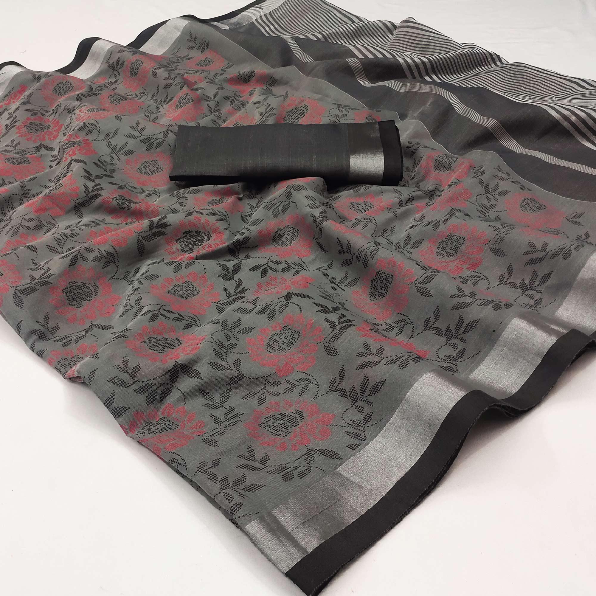 Grey Floral Block Printed Chanderi Saree - Peachmode