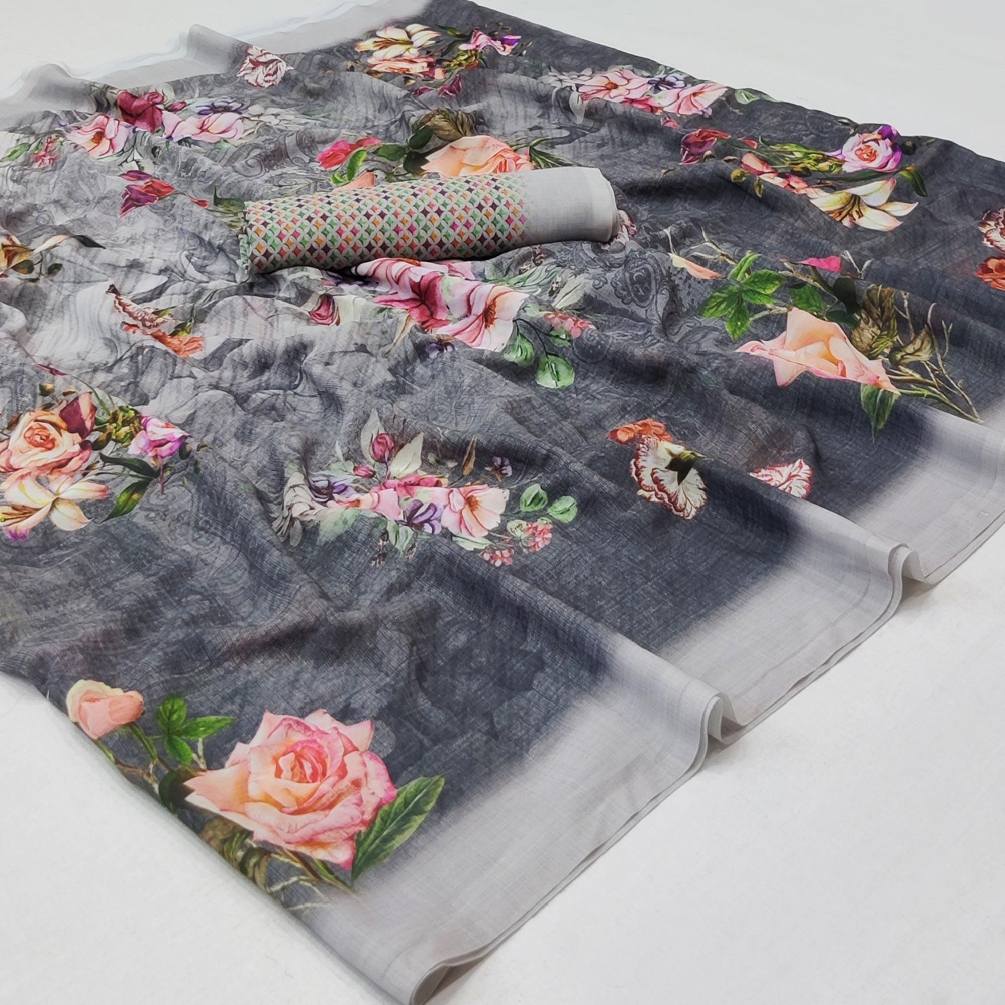 Grey Floral Digital Printed Georgette Saree - Peachmode