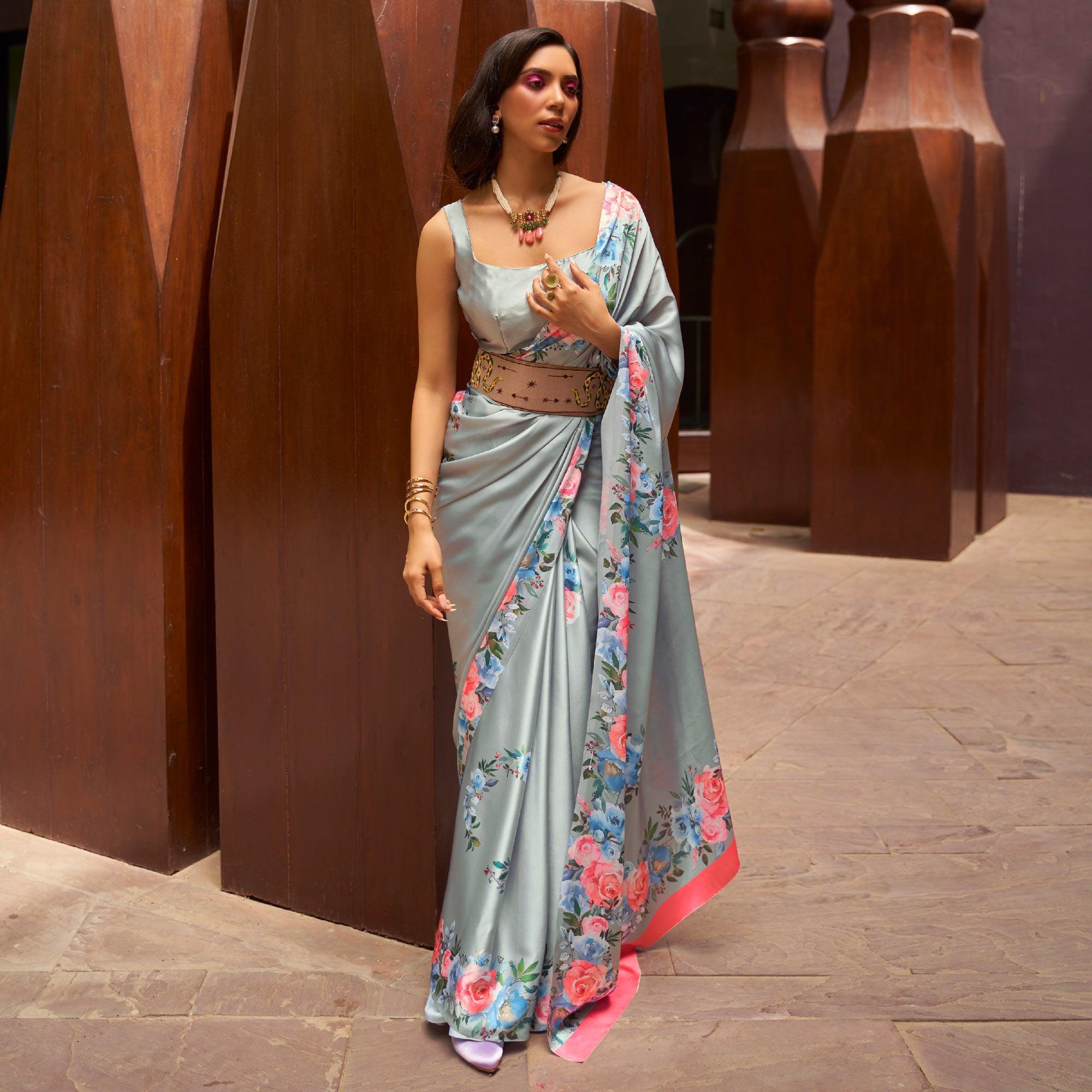 Grey Floral Digital Printed Satin Saree - Peachmode