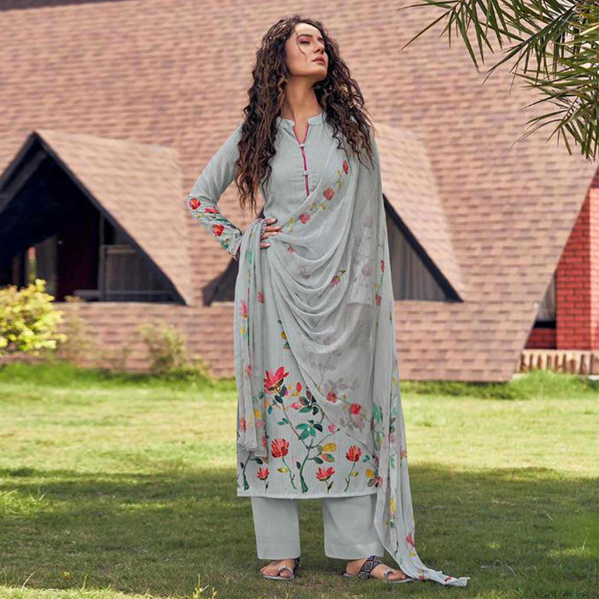 Grey Floral Digital Printed With Handwork Cambric Cotton Partywear Suit - Peachmode