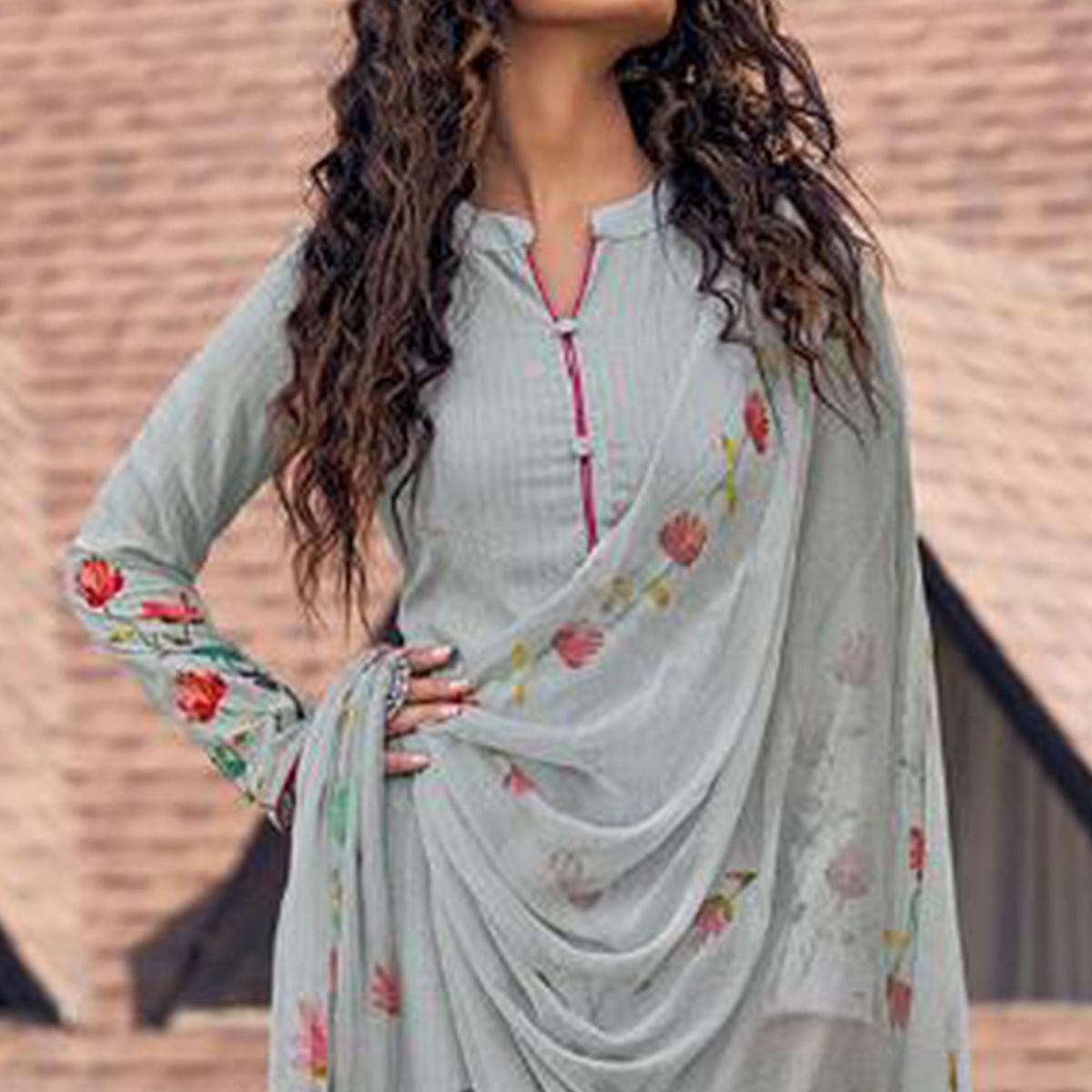 Grey Floral Digital Printed With Handwork Cambric Cotton Partywear Suit - Peachmode