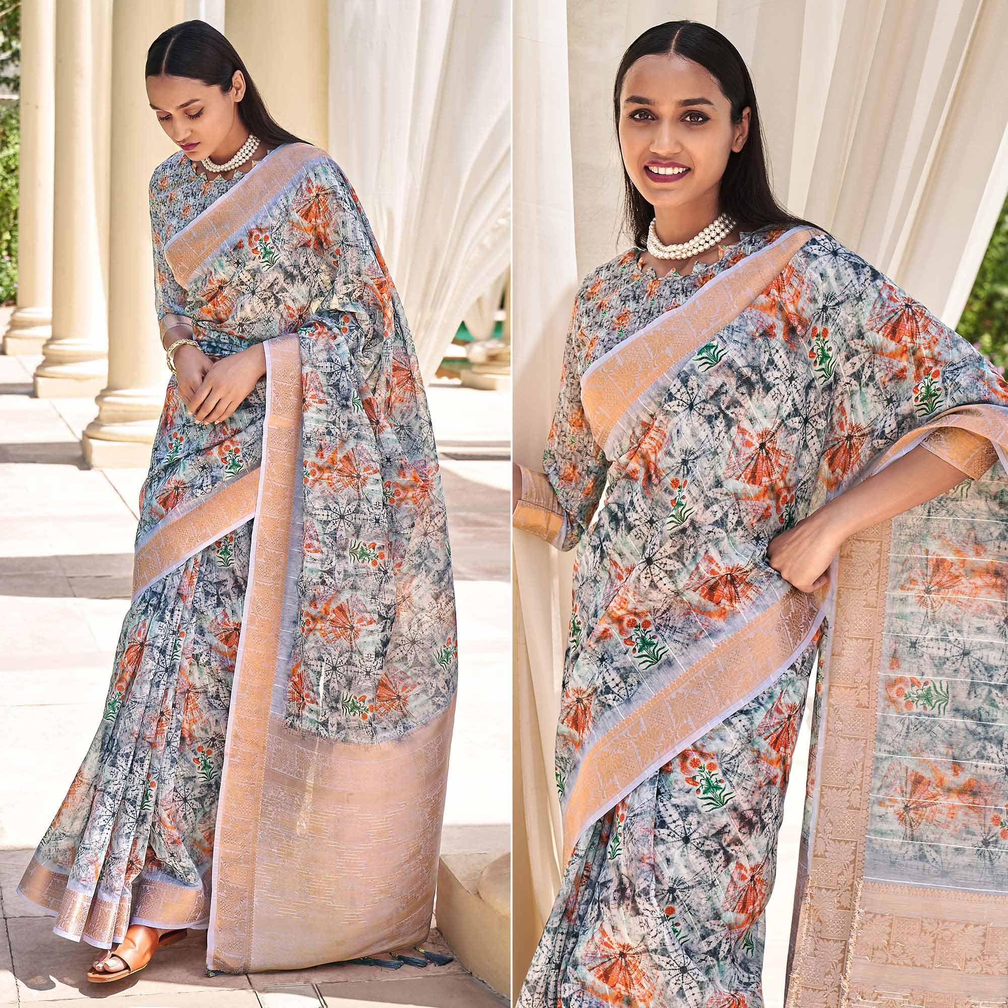 Grey Floral Digital Printed With Sequence Linen Saree - Peachmode