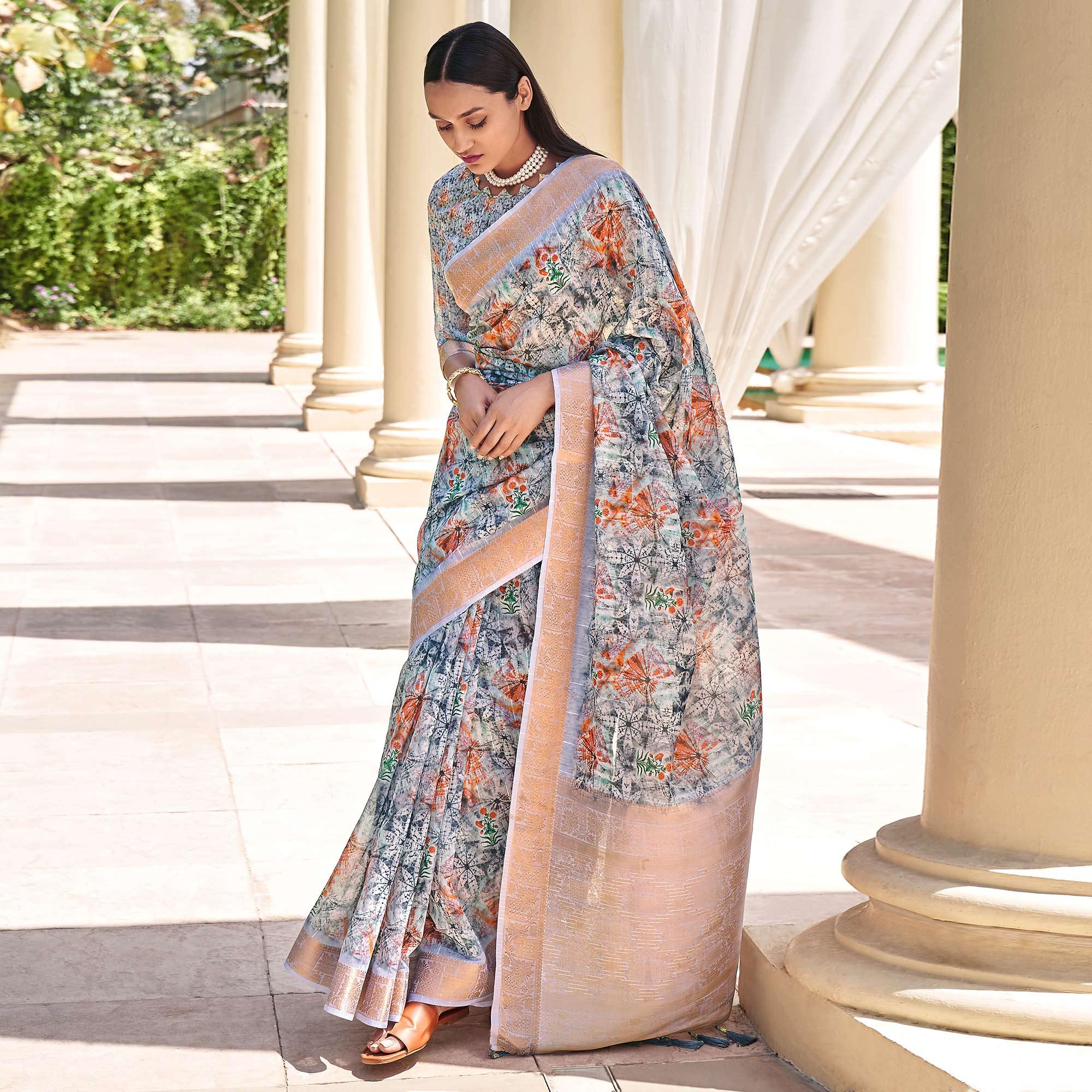 Grey Floral Digital Printed With Sequence Linen Saree - Peachmode
