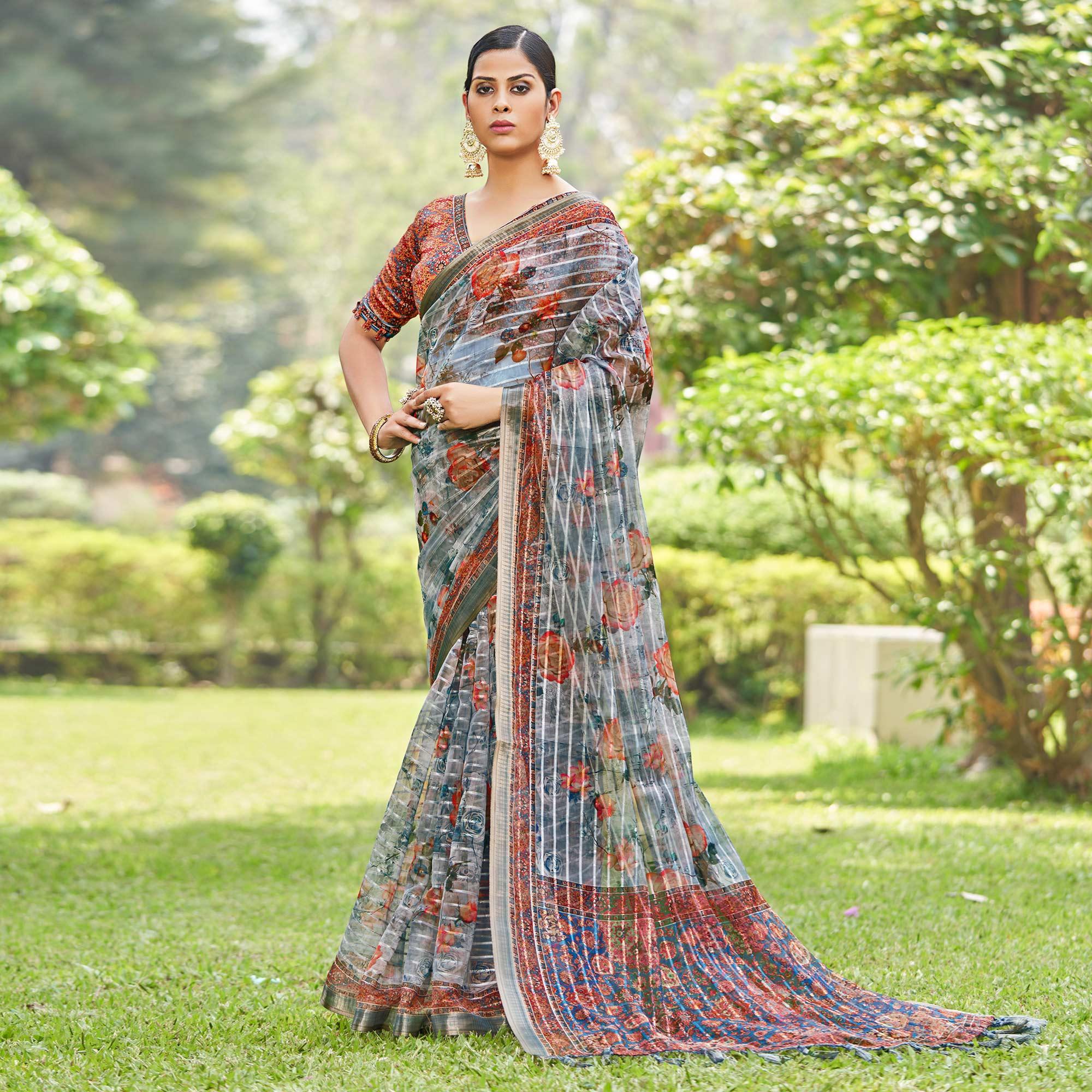 Grey Floral Digital Printed With Sequence Linen Saree - Peachmode