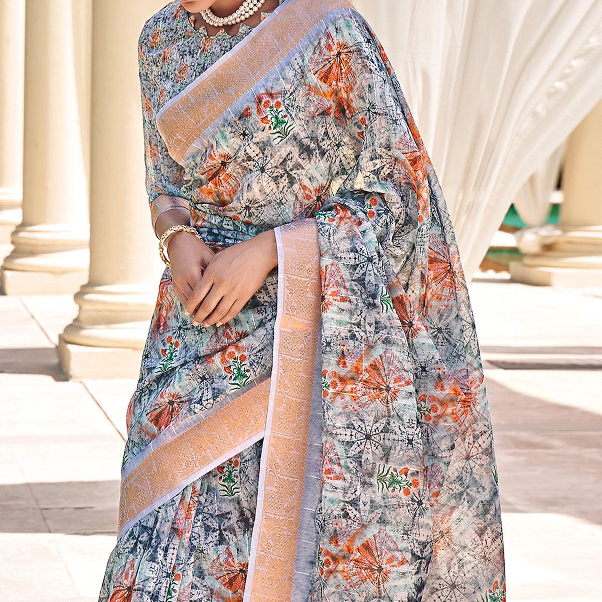 Grey Floral Digital Printed With Sequence Linen Saree - Peachmode