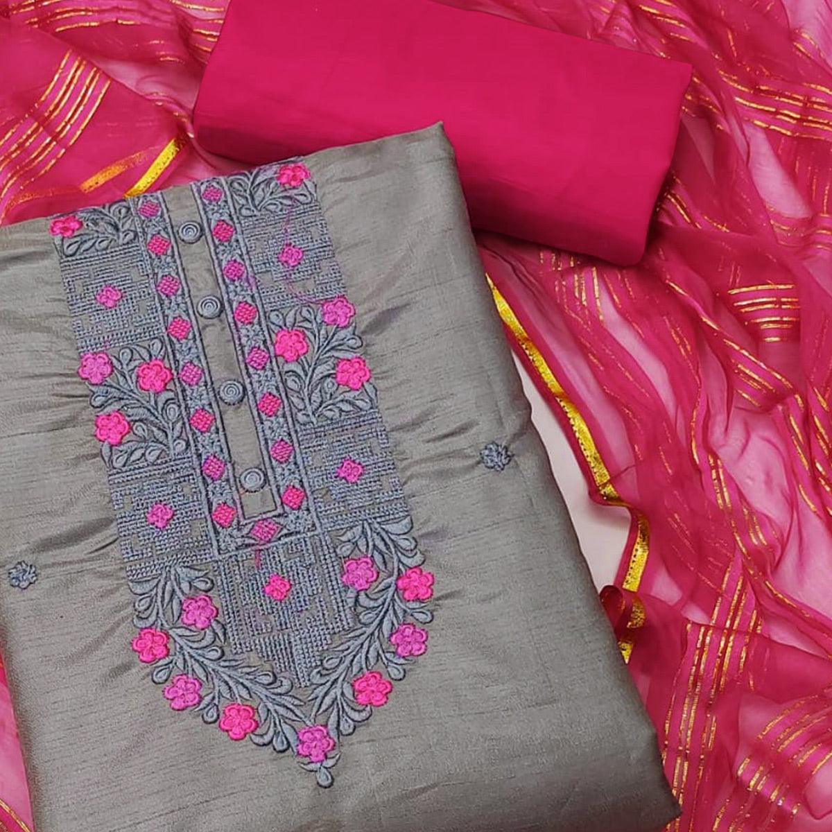 Grey Floral Embroidered Art Silk Dress Material - Peachmode