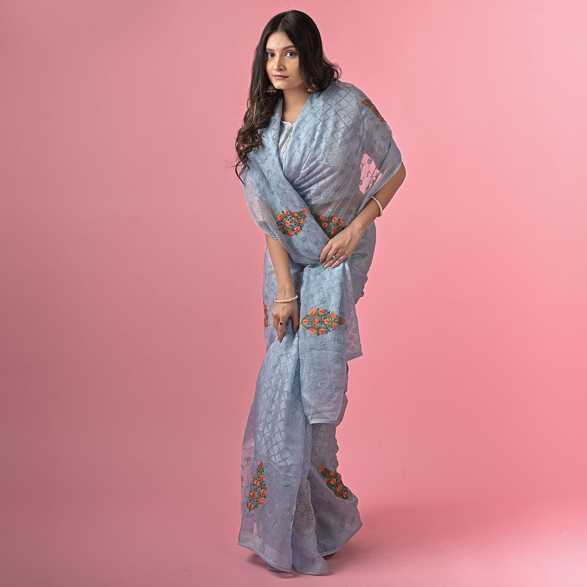Grey Floral Embroidered Brasso Saree - Peachmode
