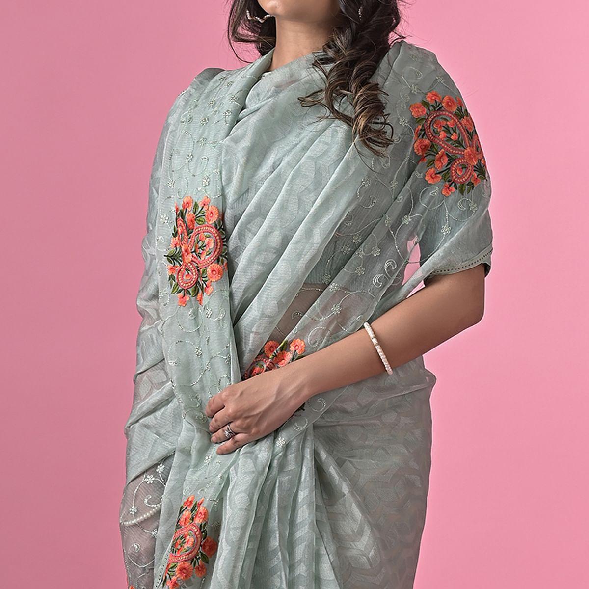 Grey Floral Embroidered Brasso Saree - Peachmode