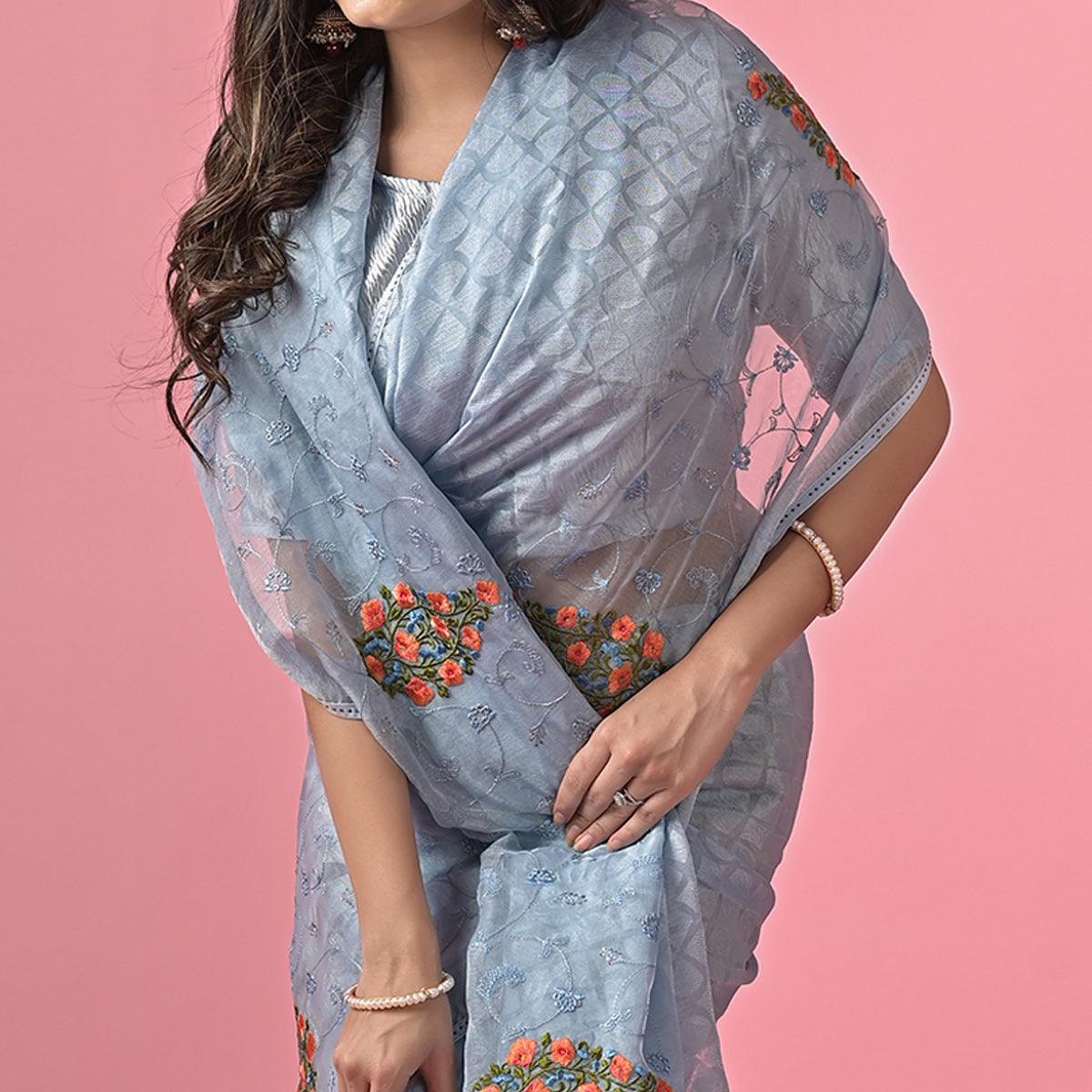 Grey Floral Embroidered Brasso Saree - Peachmode