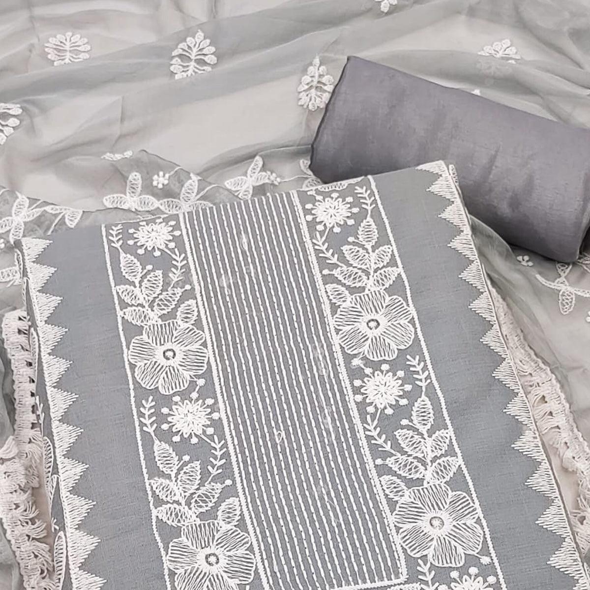 Grey Floral Embroidered Chanderi Dress Material - Peachmode