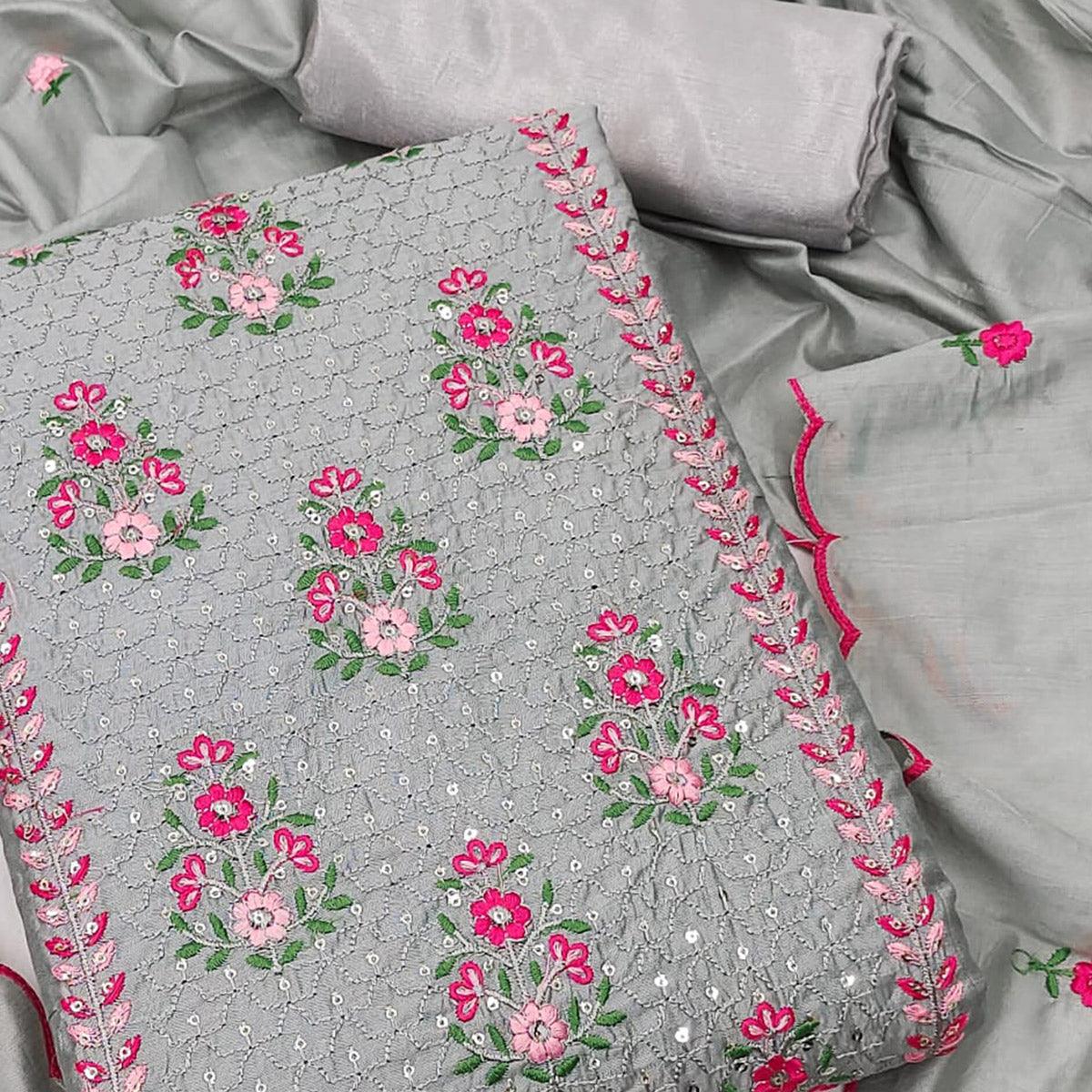 Grey Floral Embroidered Chanderi Dress Material - Peachmode