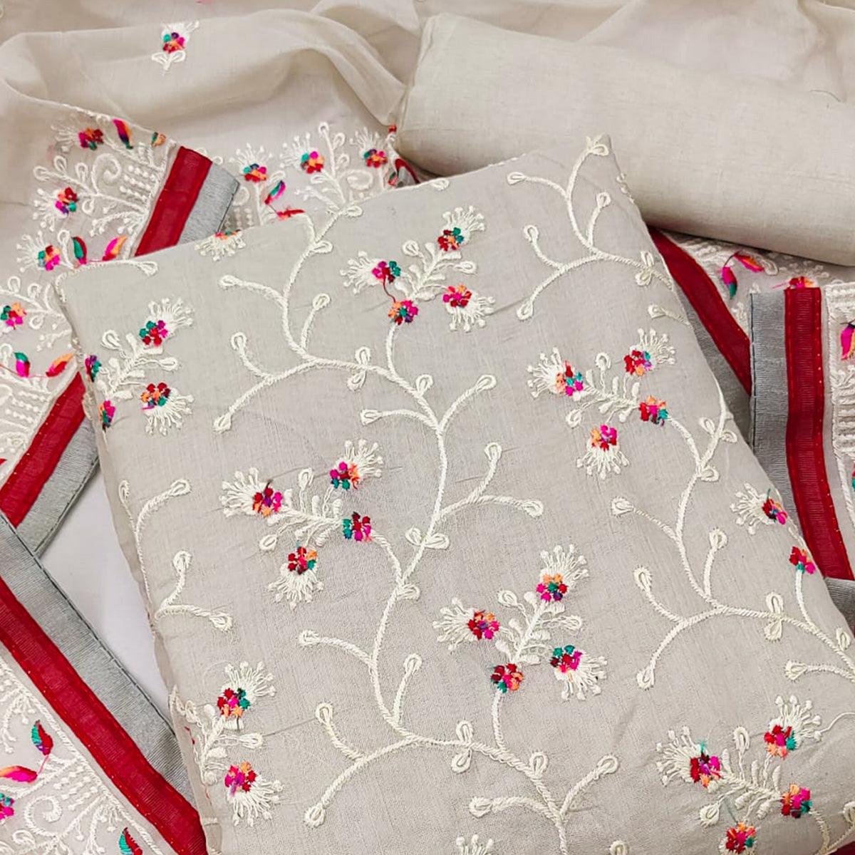 Grey Floral Embroidered Chanderi Dress Material - Peachmode