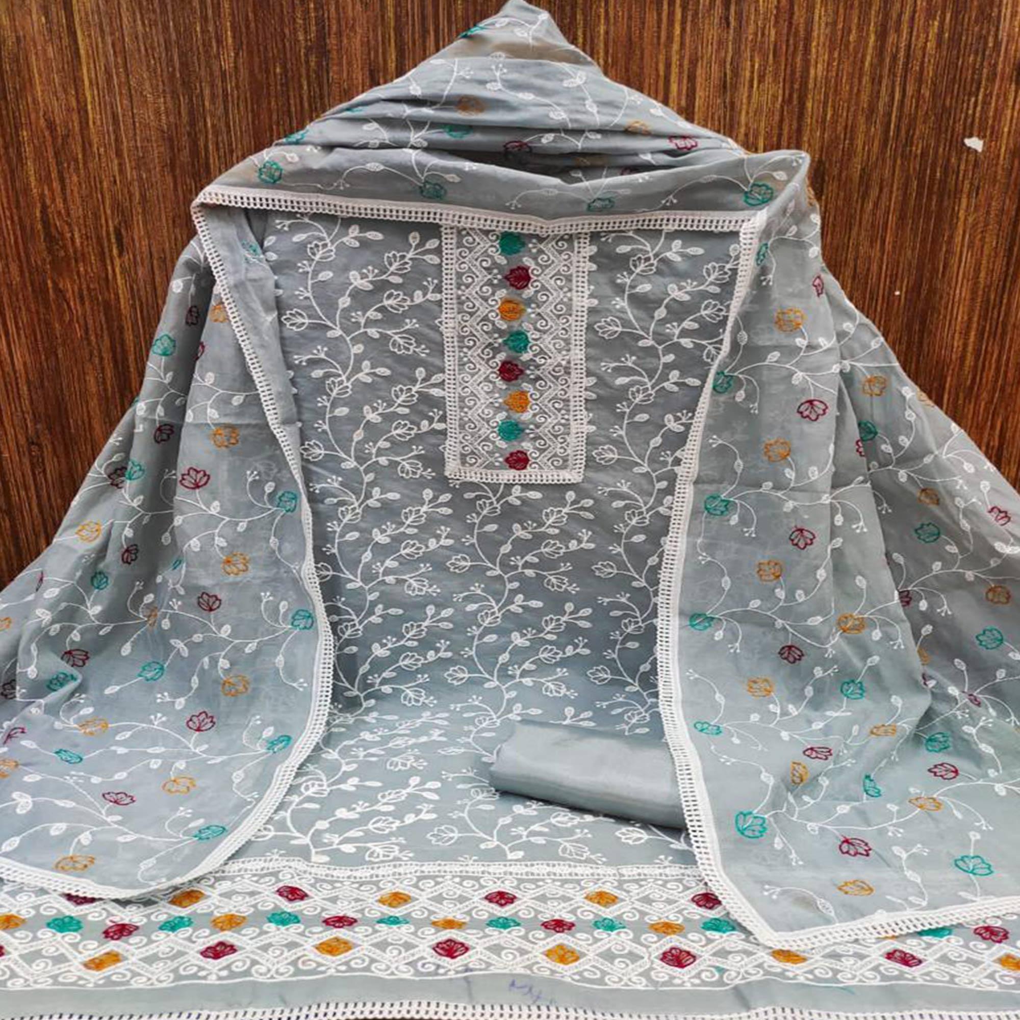 Grey Floral Embroidered Chanderi Dress Material - Peachmode
