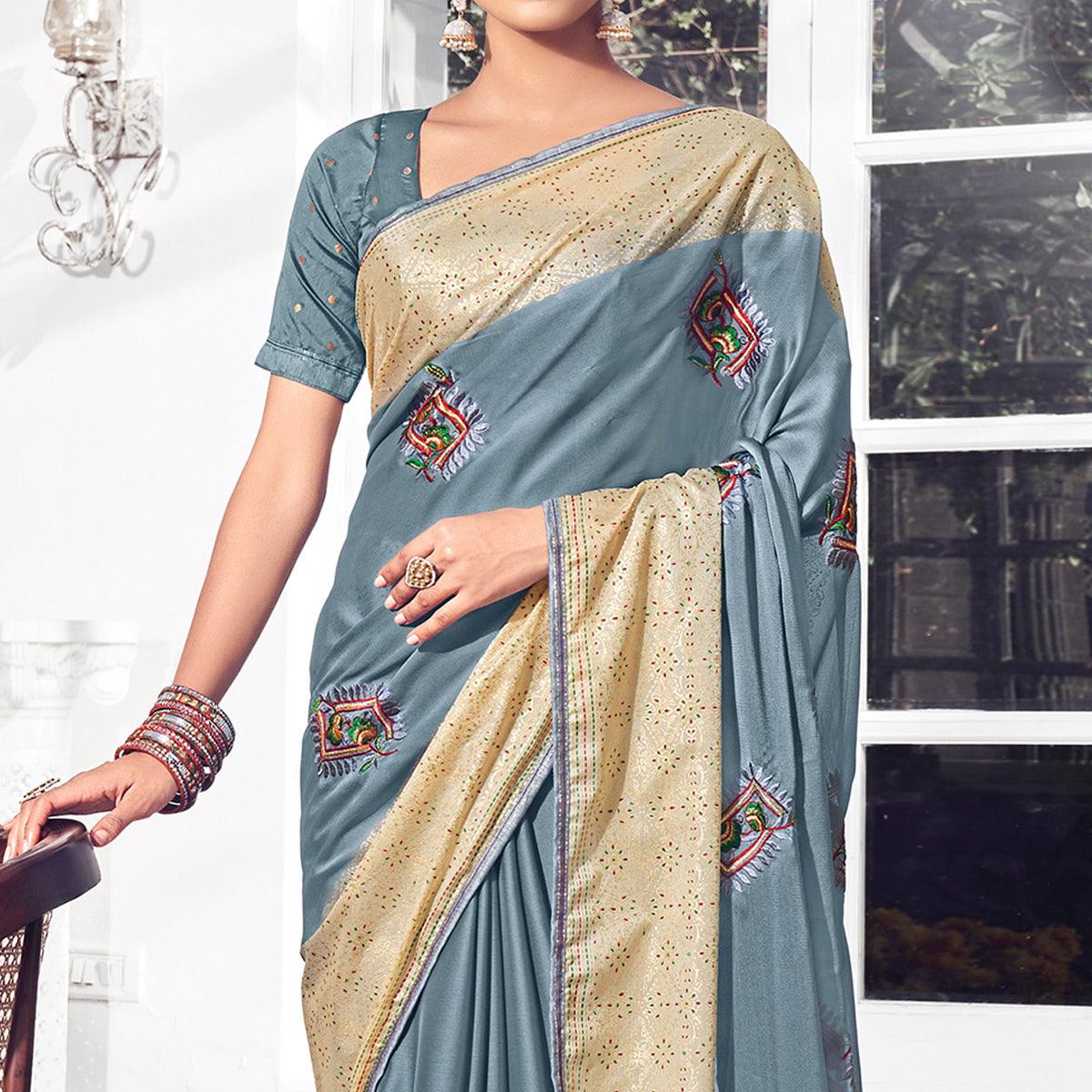 Grey Floral Embroidered Chiffon Saree - Peachmode