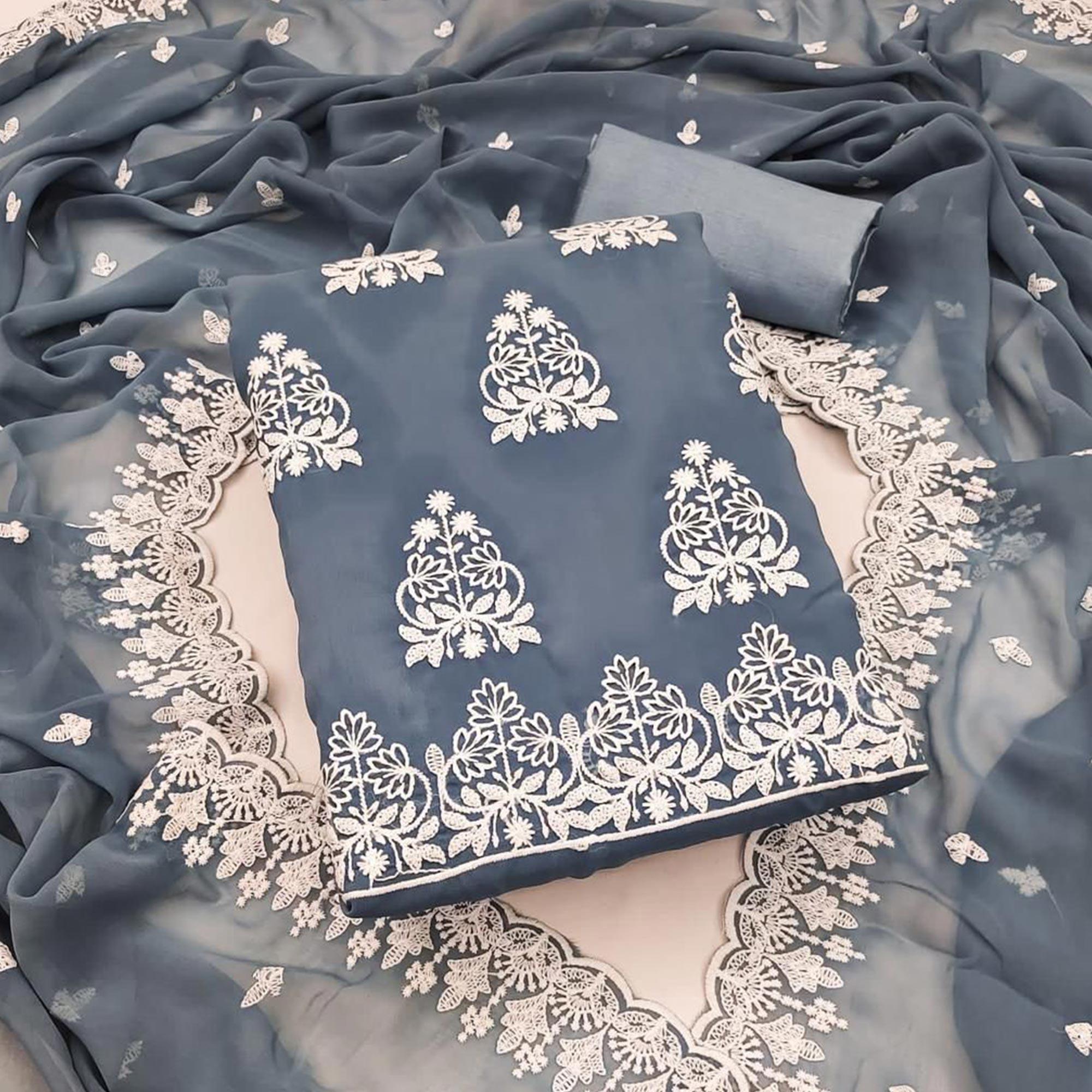 Grey Floral Embroidered Georgette Dress Material - Peachmode