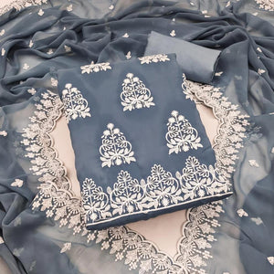 Grey Floral Embroidered Georgette Dress Material - Peachmode