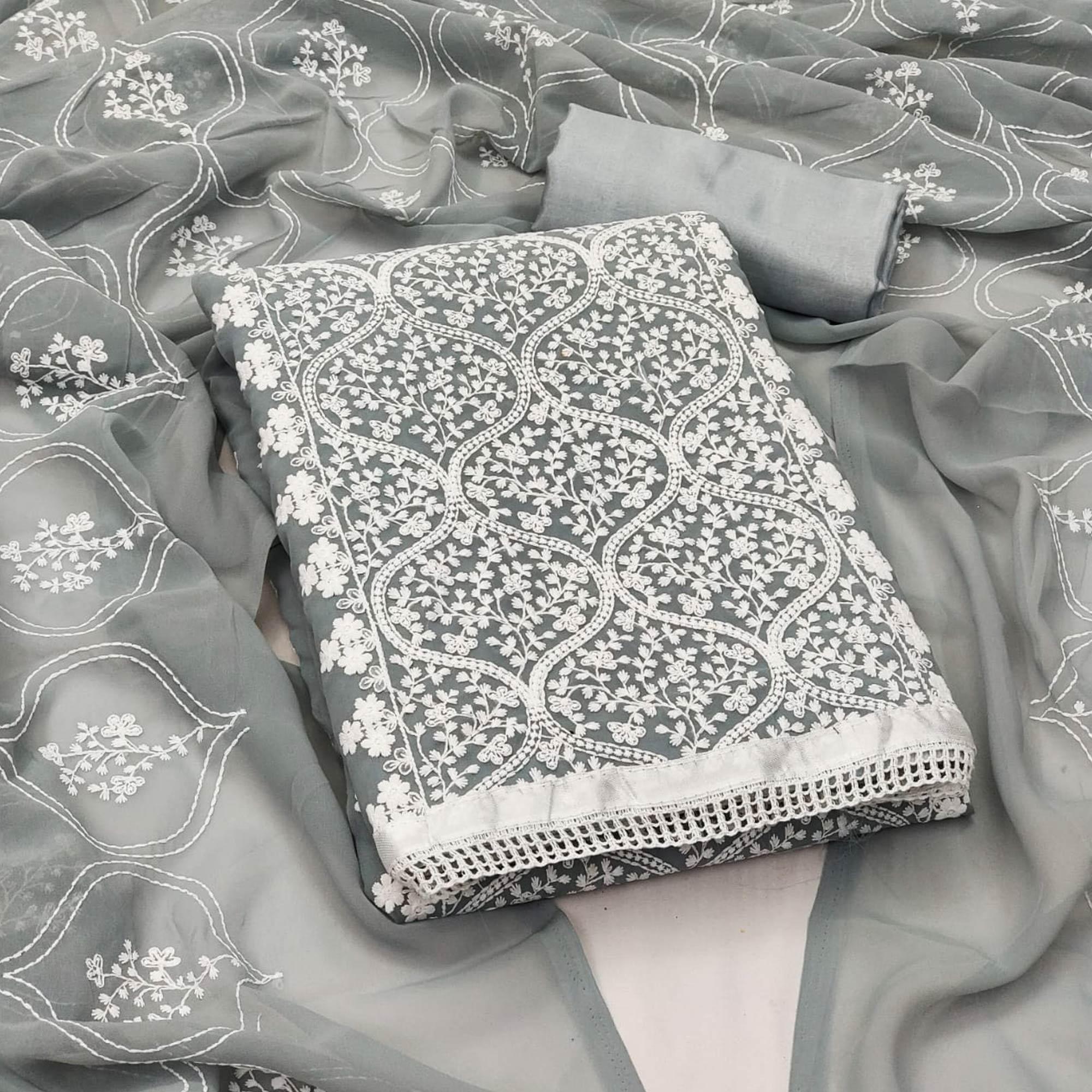 Grey Floral Embroidered Georgette Dress Material - Peachmode