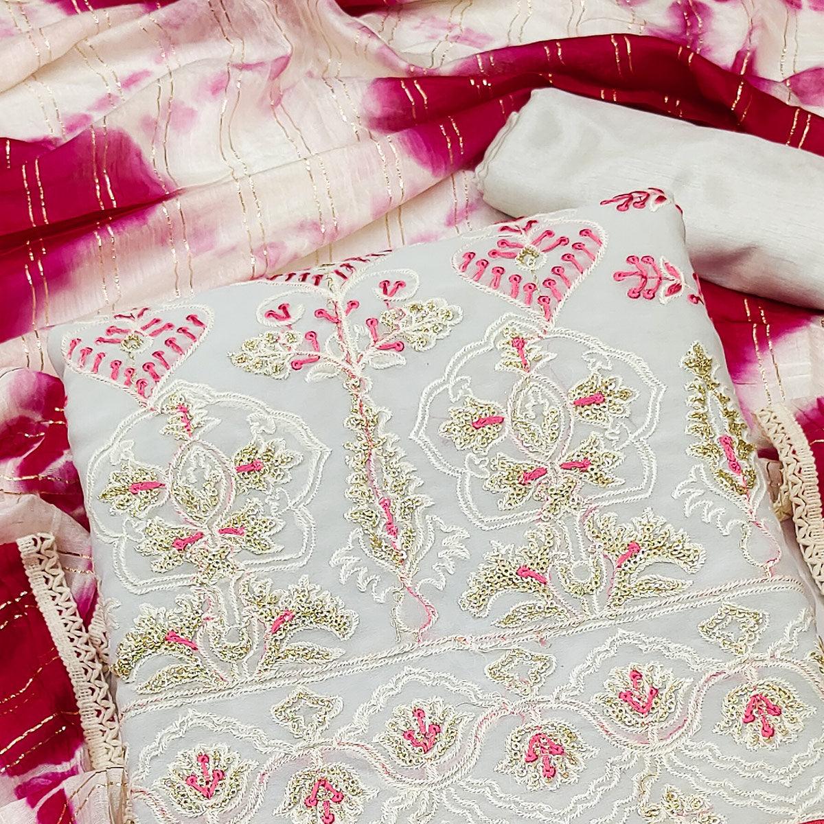 Grey Floral Embroidered Georgette Dress Material - Peachmode