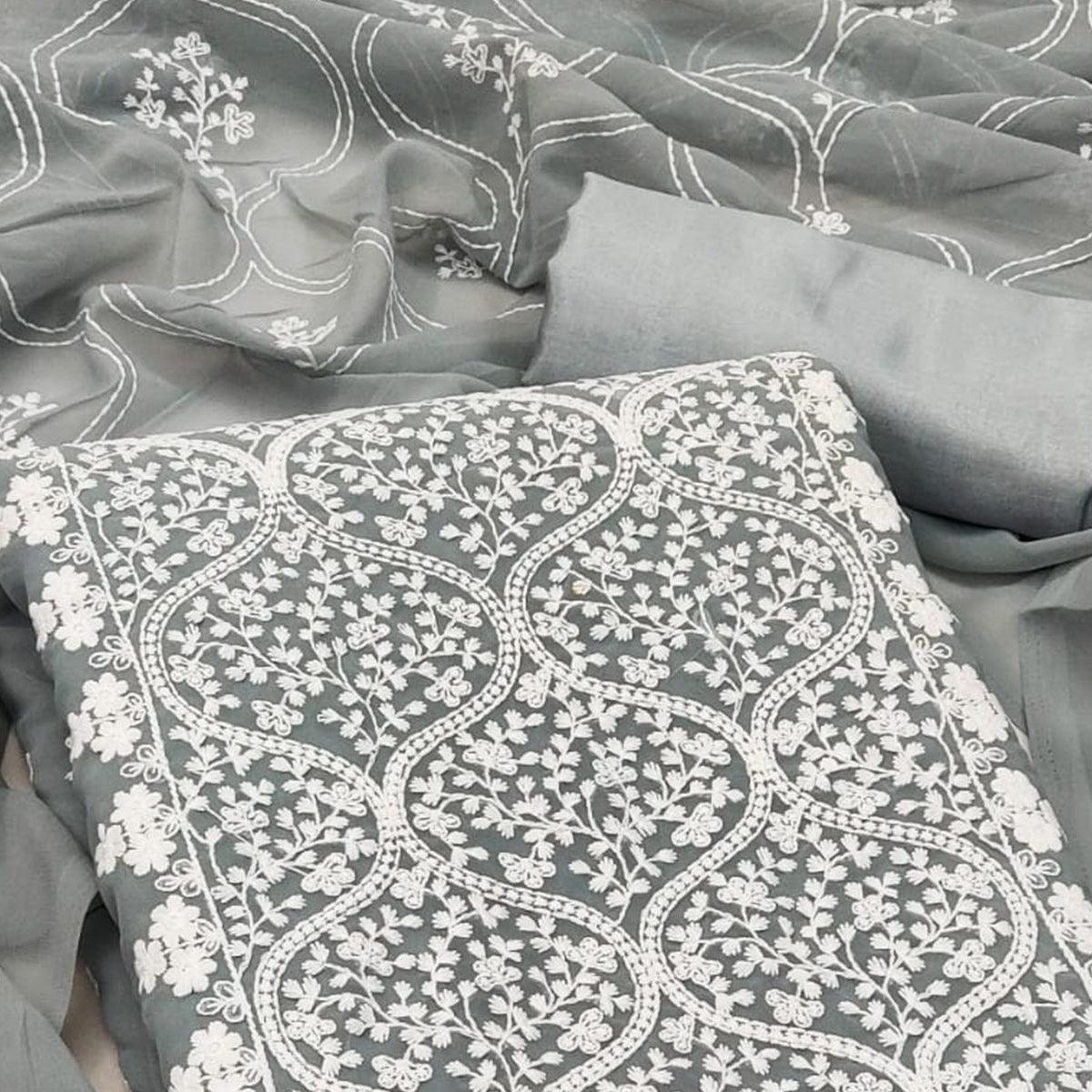 Grey Floral Embroidered Georgette Dress Material - Peachmode