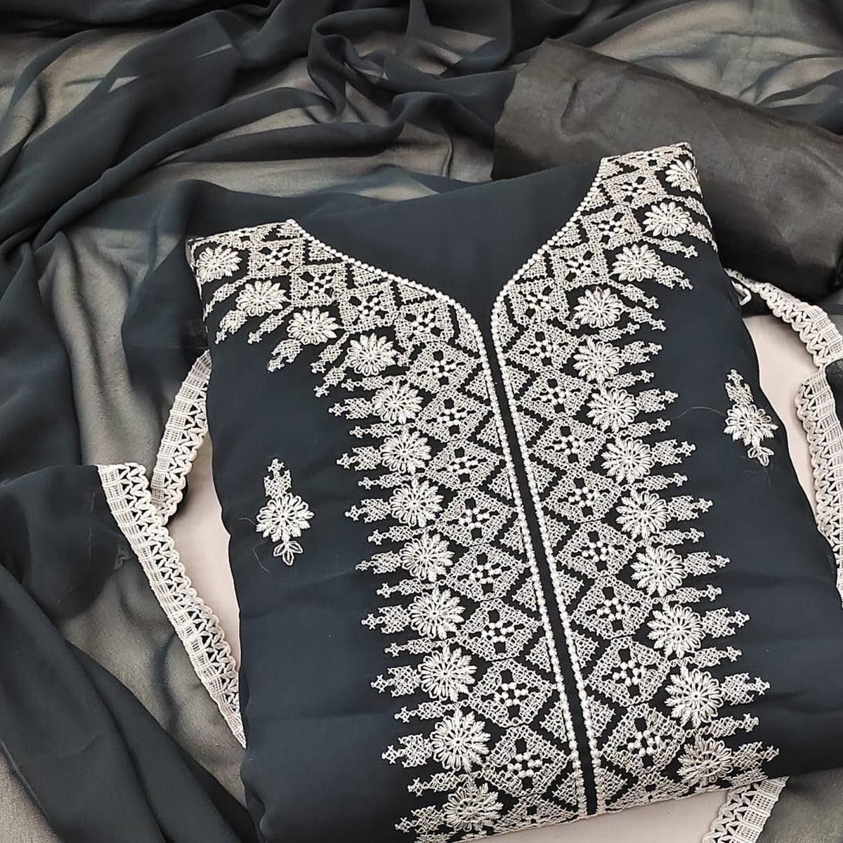Grey Floral Embroidered Georgette Dress Material - Peachmode