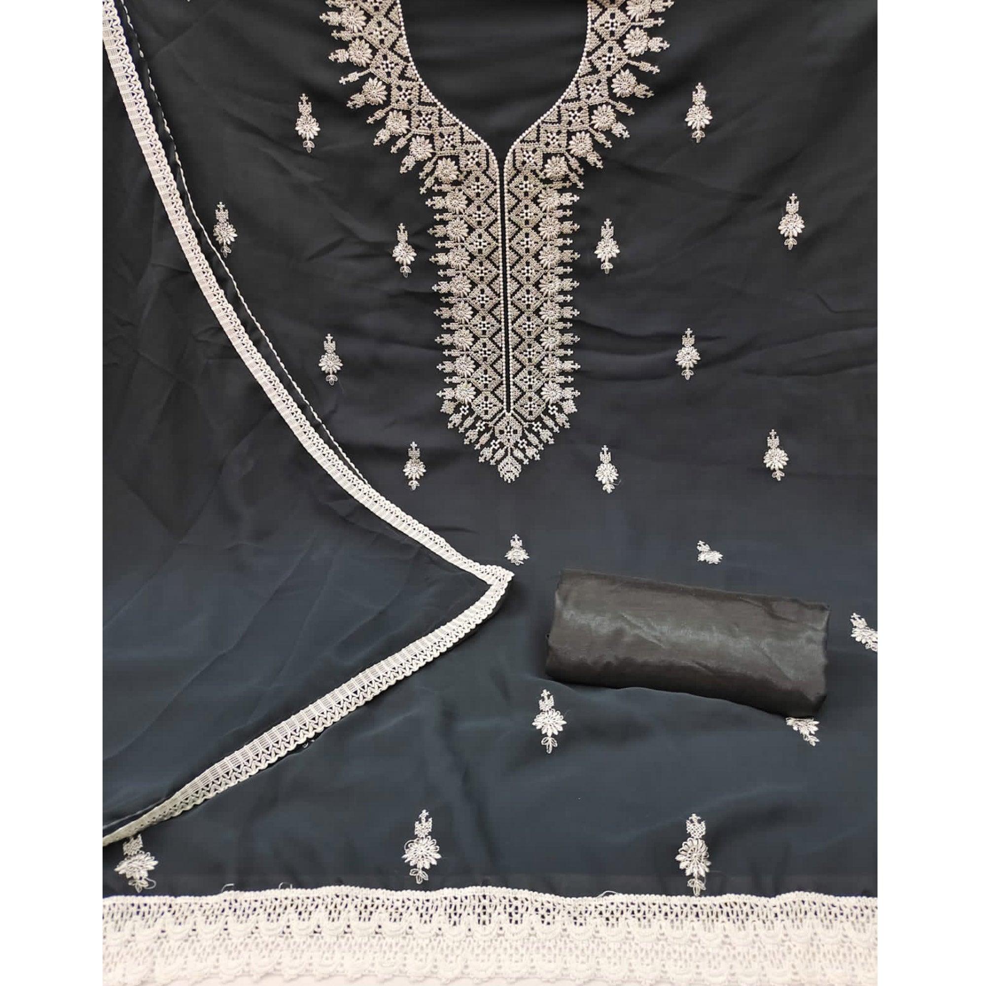 Grey Floral Embroidered Georgette Dress Material - Peachmode