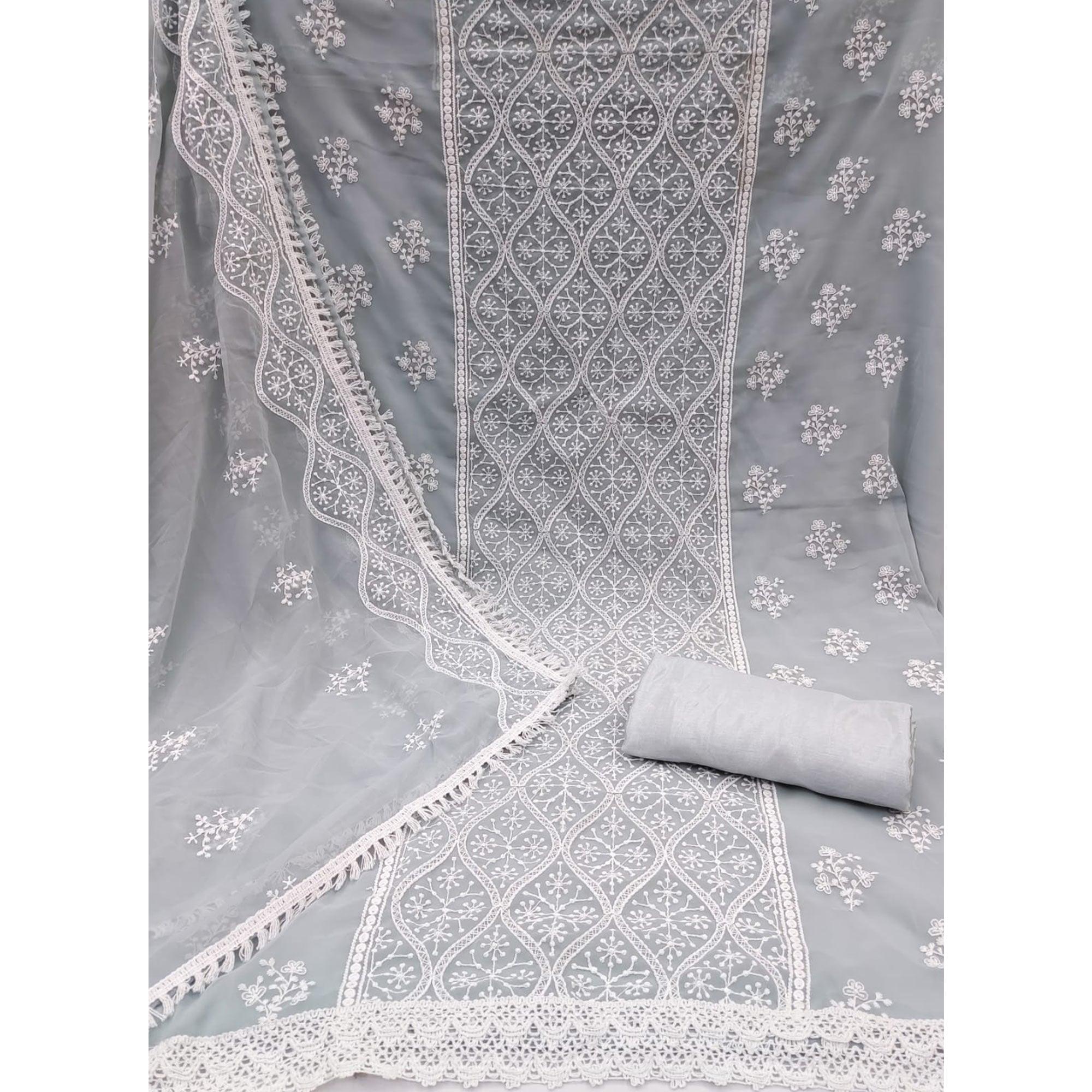Grey Floral Embroidered Georgette Dress Material - Peachmode